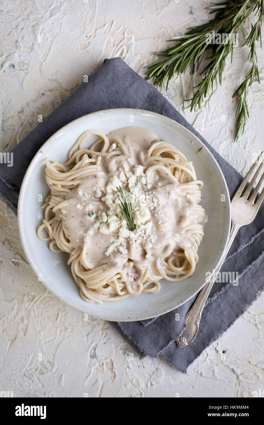 Rosemary Pesto Cream Sauce over Spaghetti. Photographed from