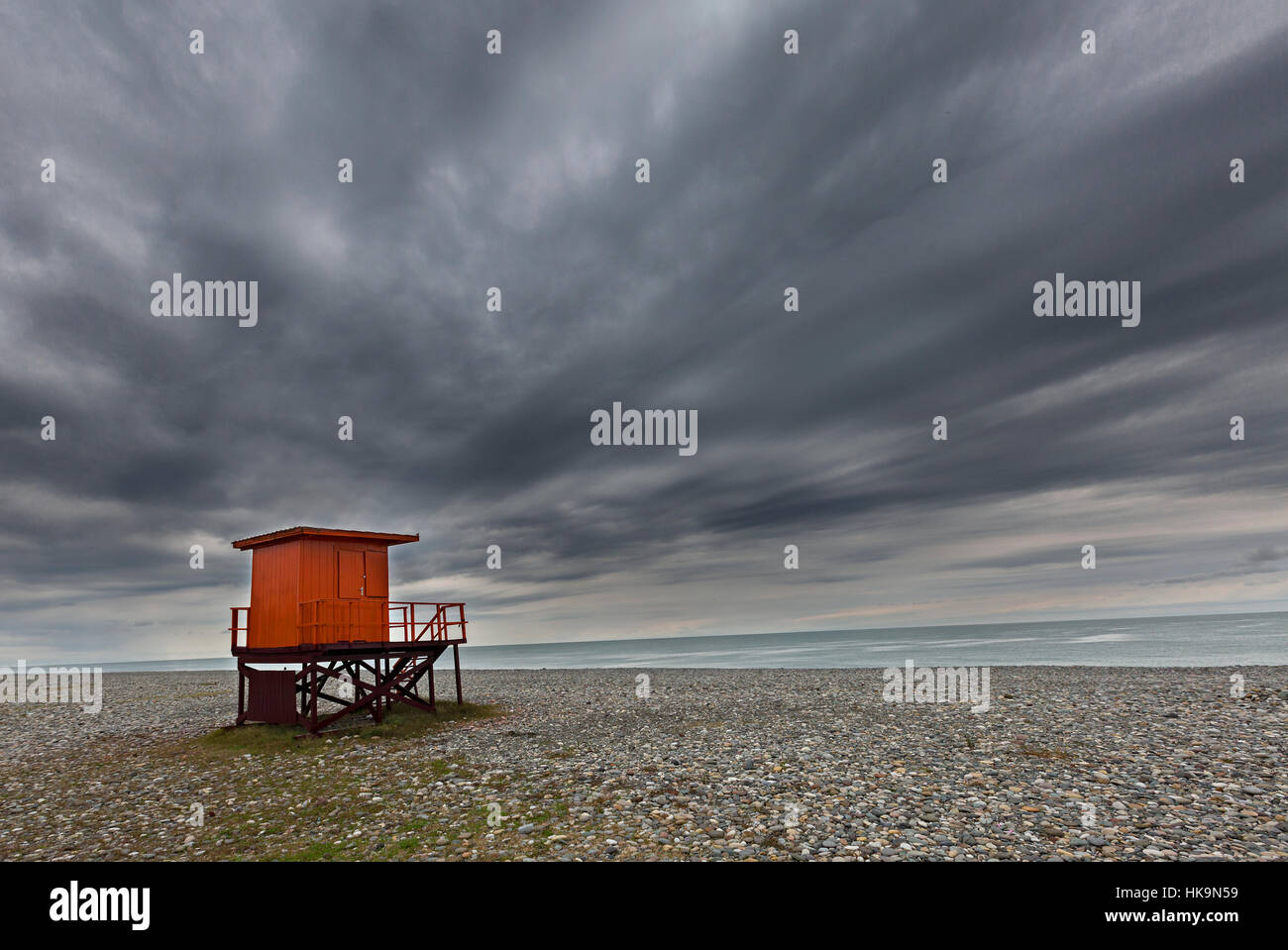 Lifeguard tower on a cloudy day, on the beach along the Black Sea in Batumi, Georgia. Stock Photo