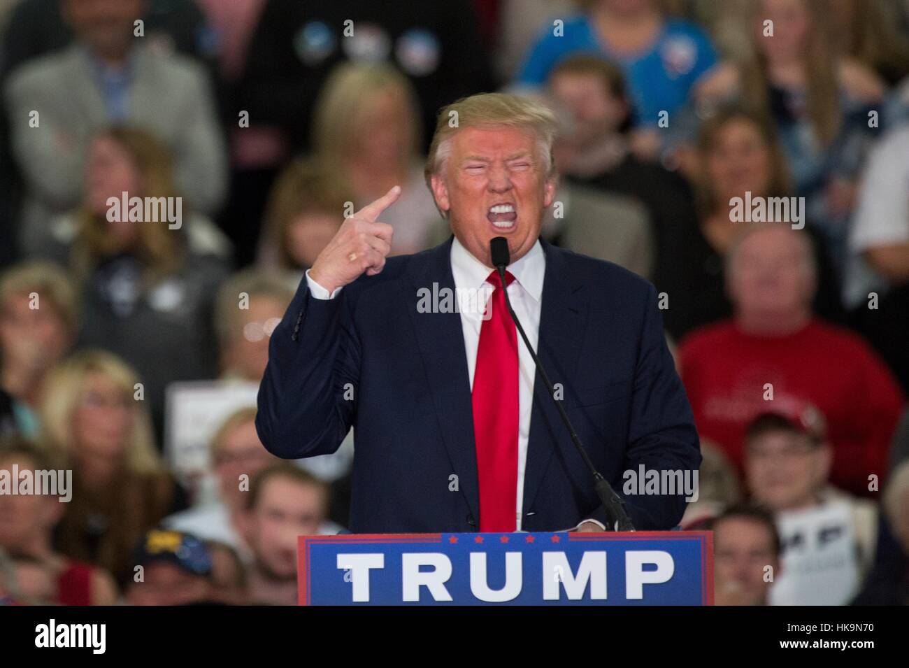 Republican presidential candidate billionaire Donald Trump mocks disabled New York Times reporter Serge Kovaleski during a campaign rally at the Myrtle Beach Convention Center November 24, 2015 in Myrtle Beach, South Carolina. Stock Photo