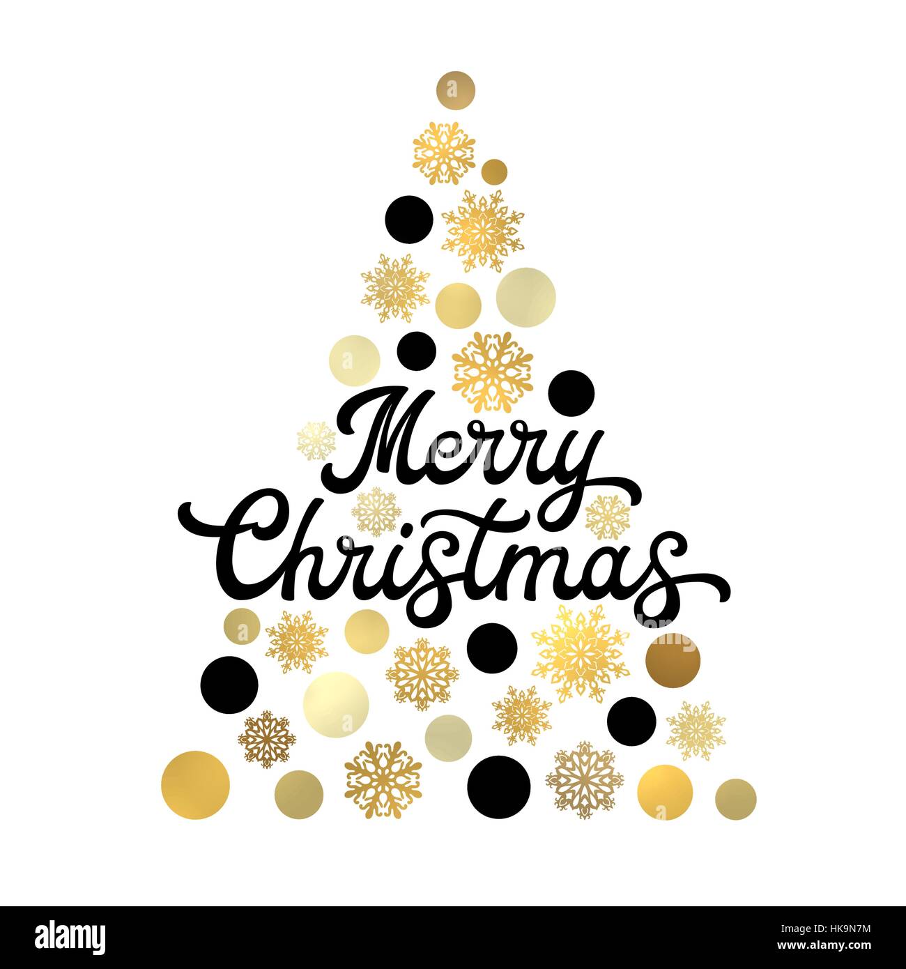 Stylized Christmas tree isolated on white background with trendy black hand lettering design. Stylish Xmas card with golden circles and snowflakes. Seasons greetings vector font illustration. Stock Vector