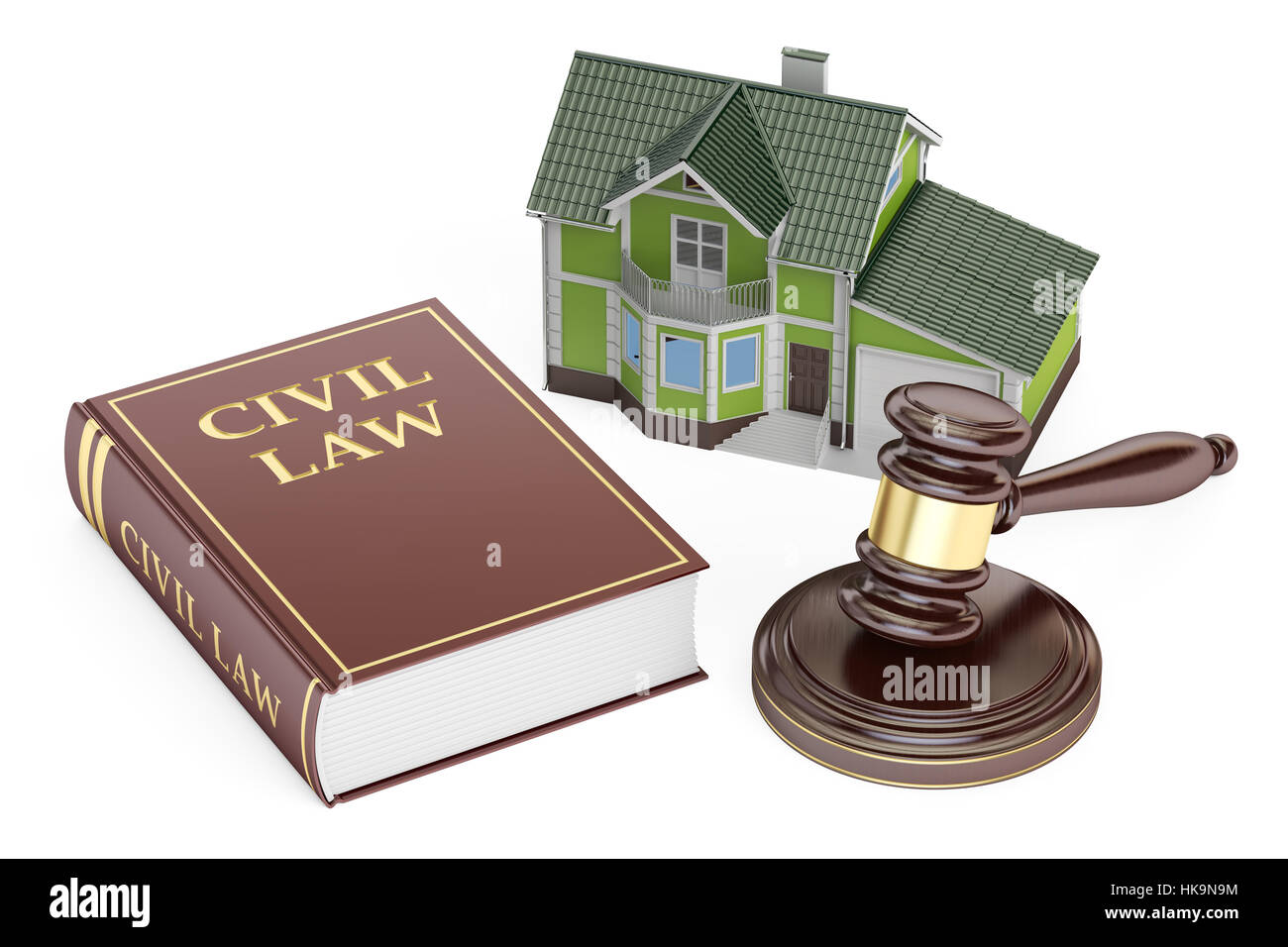 Civil law concept, house with gavel and book. 3D rendering isolated on white background Stock Photo