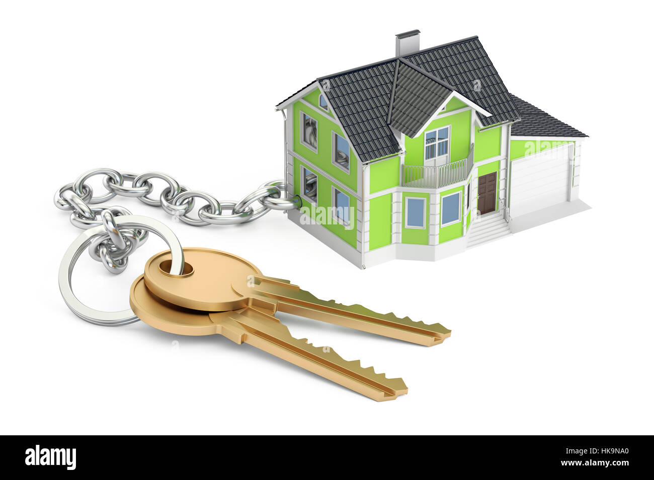 House key with keychain, 3D rendering isolated on white background Stock Photo