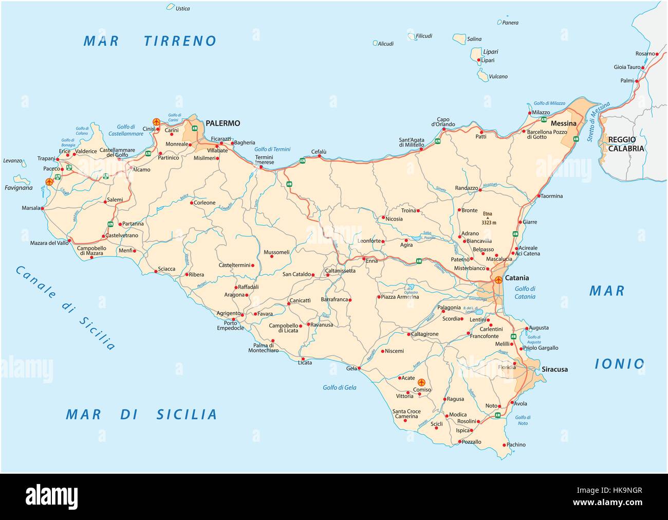 detailed road map of Iceland sicily, italy Stock Vector