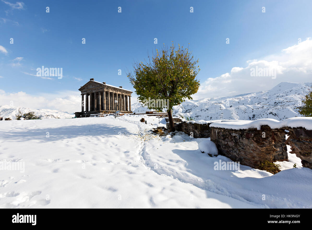 Hellenistic temple of Garni in the winter, in Armenia Stock Photo
