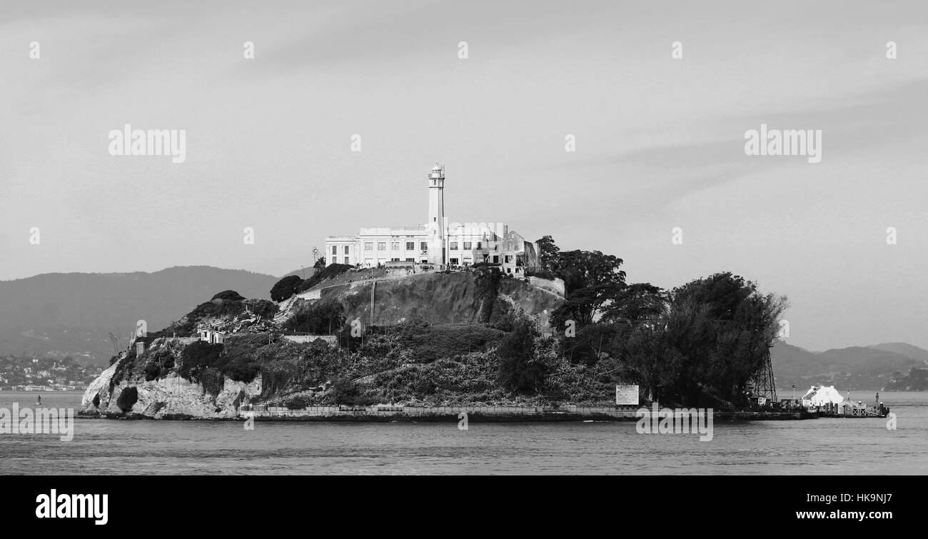 Black and White image of Alcatraz Island 1.25 miles Offshore From San Francisco. Stock Photo