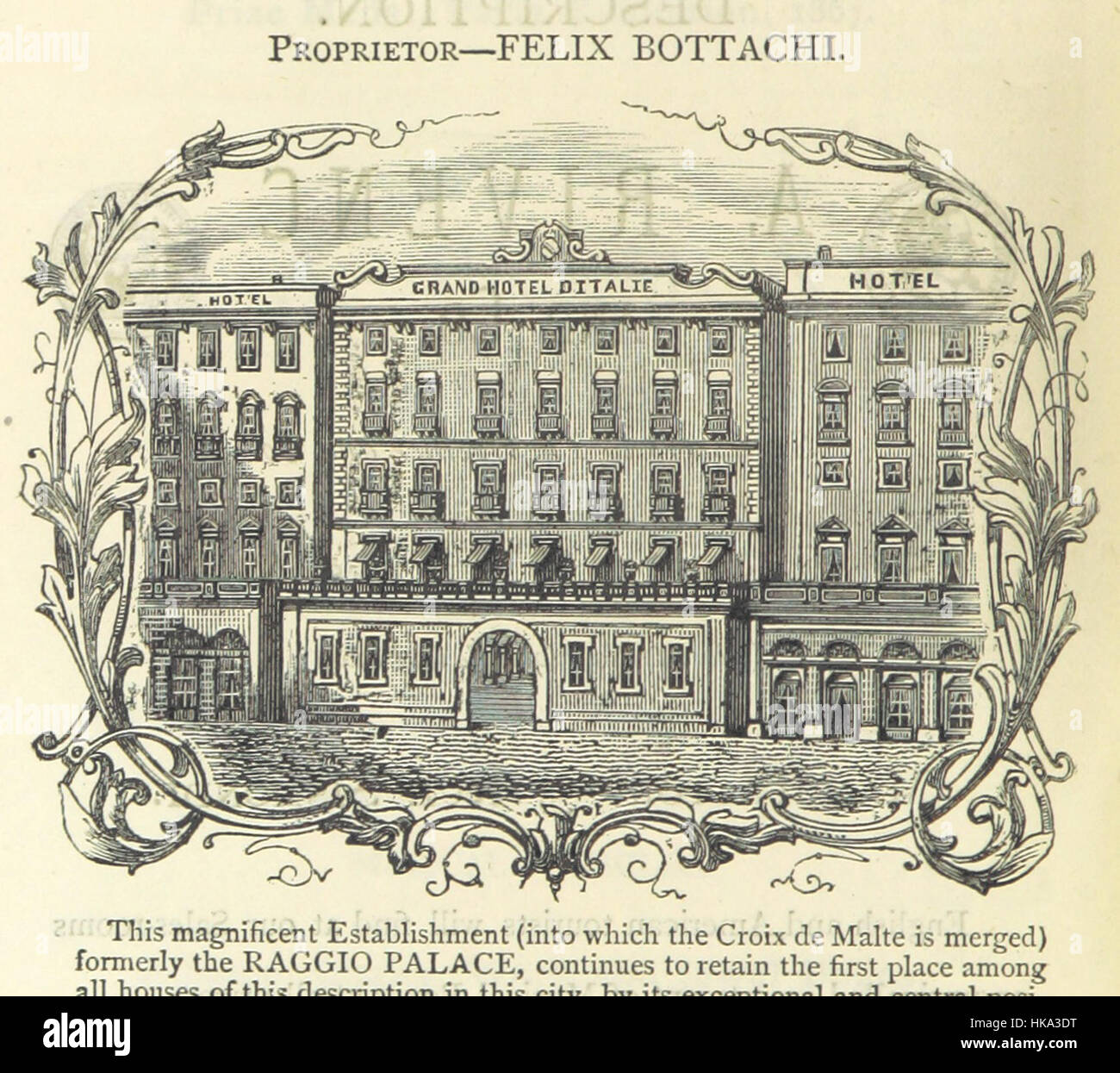 This 19th-century guidebook offers detailed maps and sketches of Europe, covering countries from England to Russia. Its ornate design and calligraphy reflect the antique nature of the publication. Stock Photo