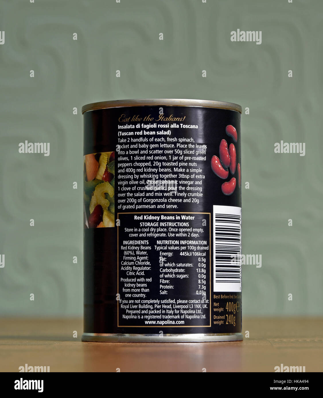 Can of Napolina Red Kidney Beans in Water. Receipt. Nutrition Information and Storage Instructions. Stock Photo
