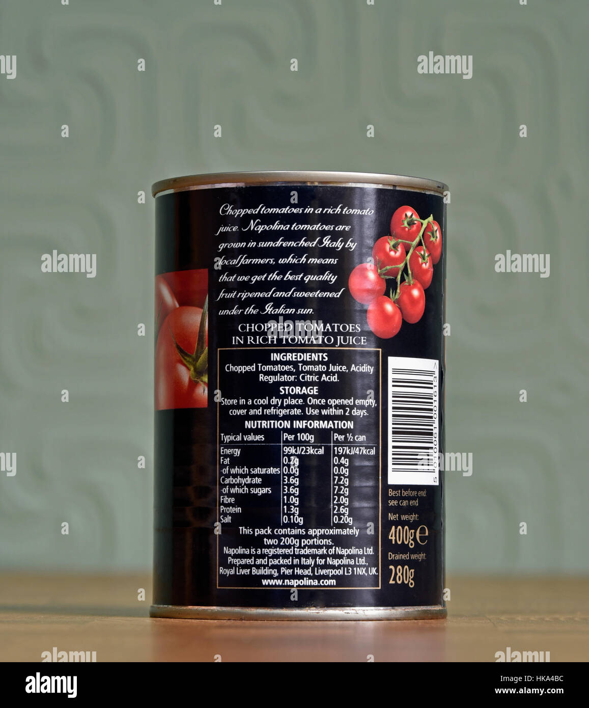 Can of Napolina Chopped Tomatoes in a rich tomato juice. Ingredients and Nutrition Information. Stock Photo