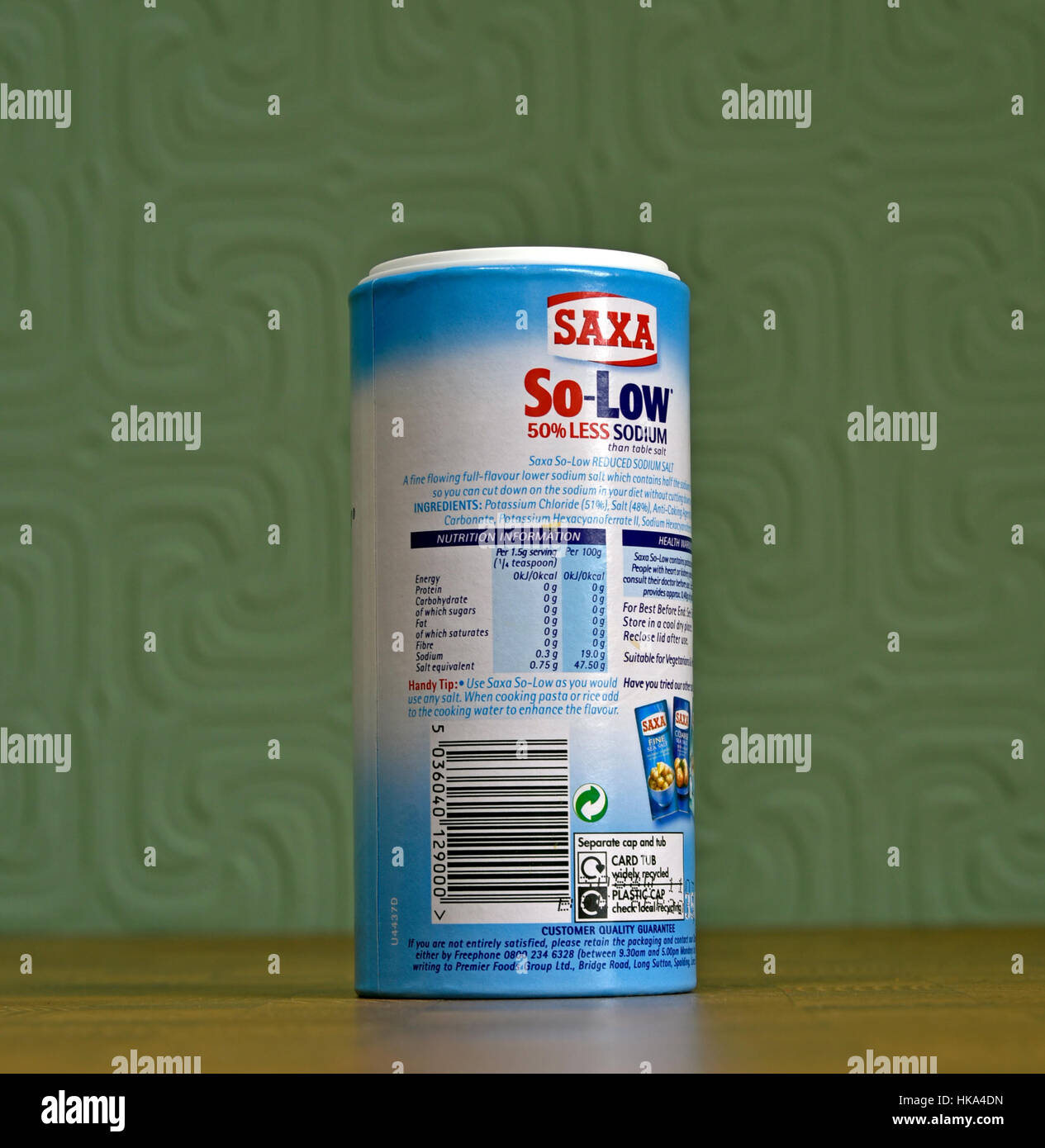 Carton of Saxa So-Low 50% Less Sodium Salt. Nutriton information. Stock Photo