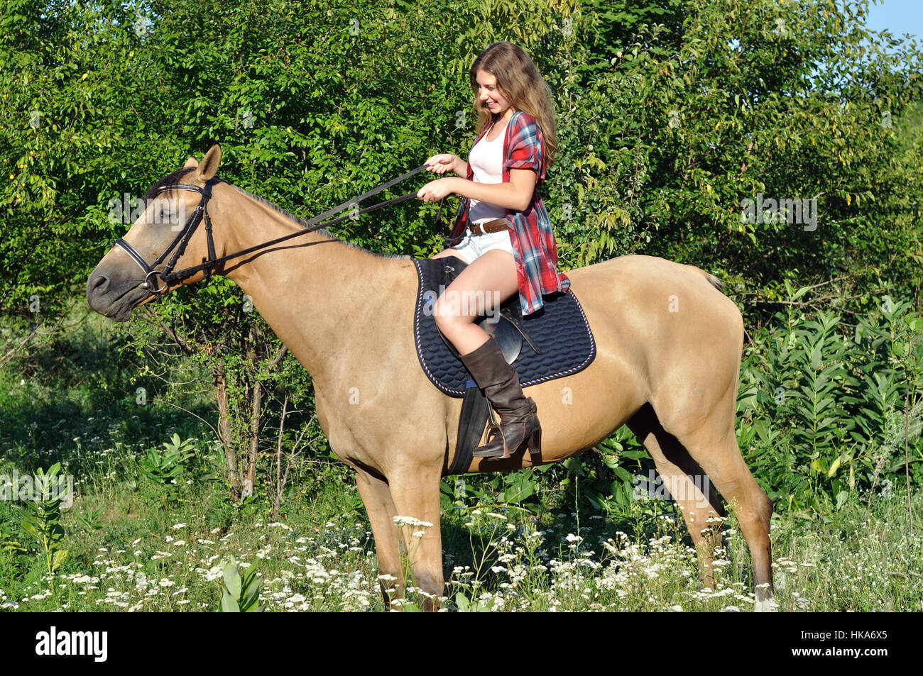 attractive girl horseback riding Stock Photo