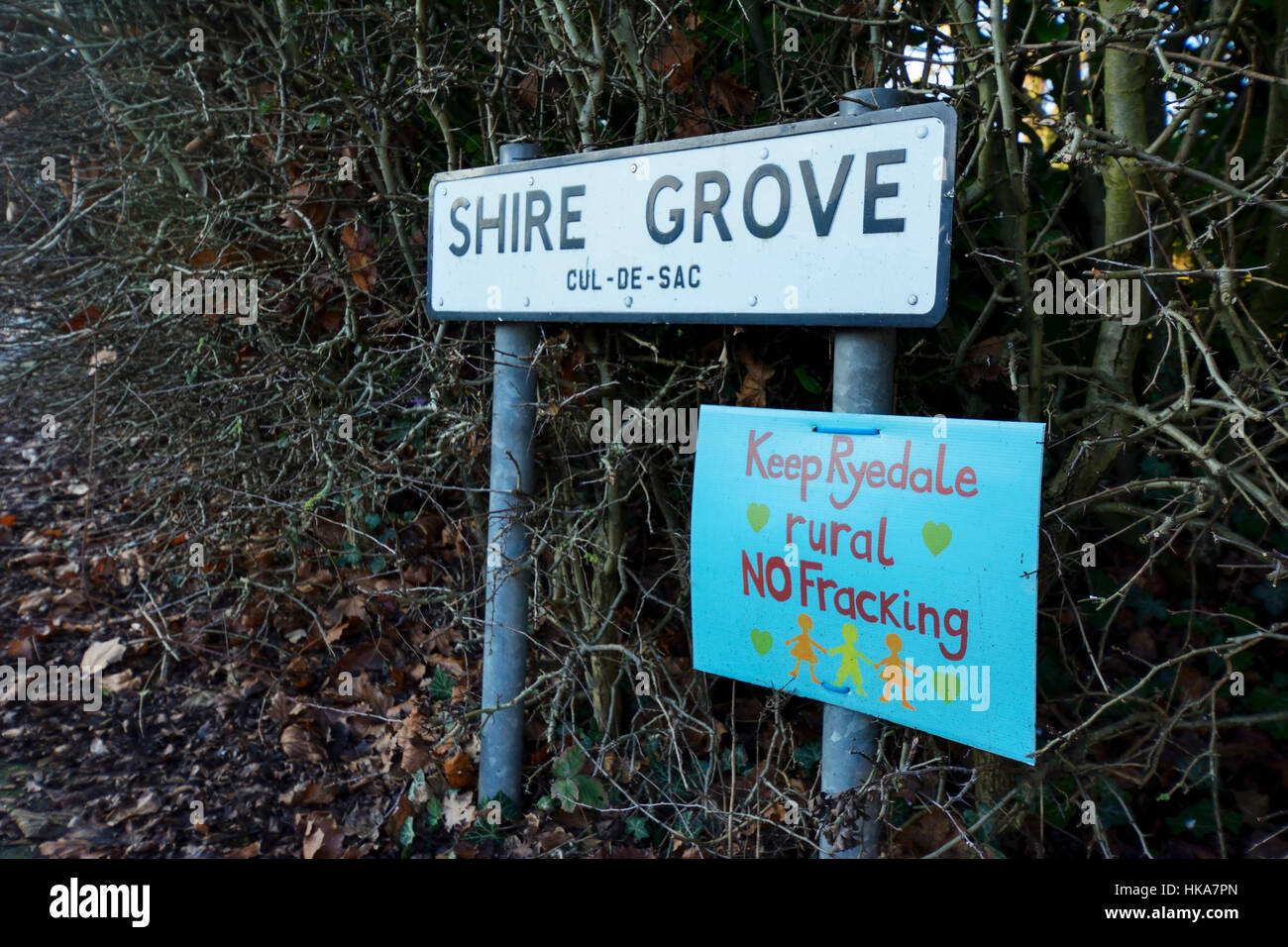 Anti-fracking signs displayed in the picturesque village of Kirby Misperton, North Yorkshire. Stock Photo