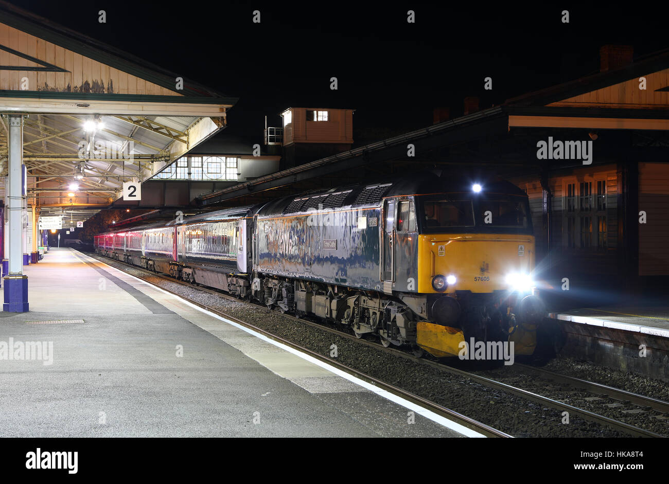 The Night Riviera sleeper train from Penzance to London Paddington at Newton Abbot Stock Photo