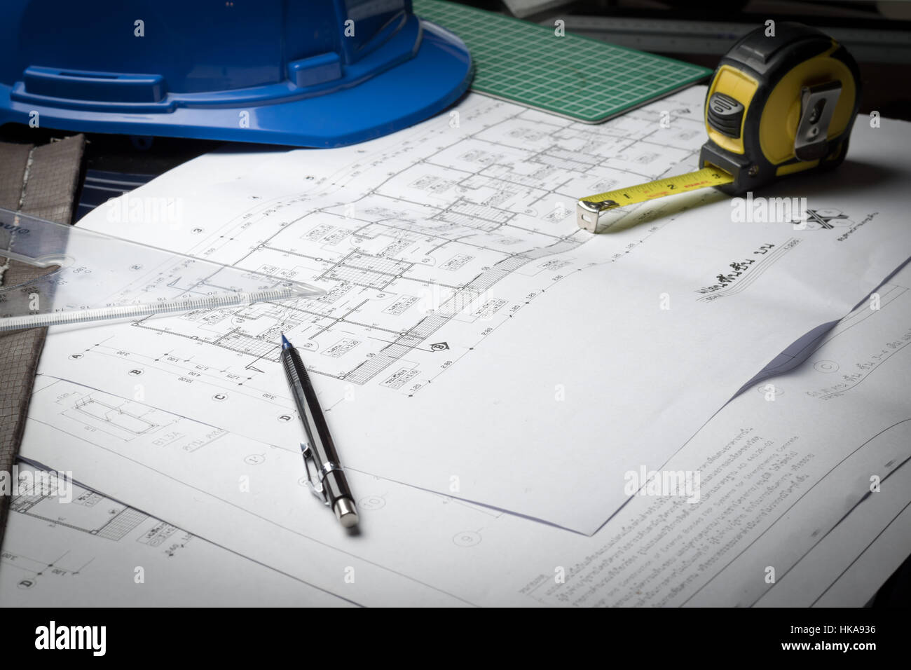 engineering diagram blueprint paper drafting project sketch architectural,selective focus. Stock Photo