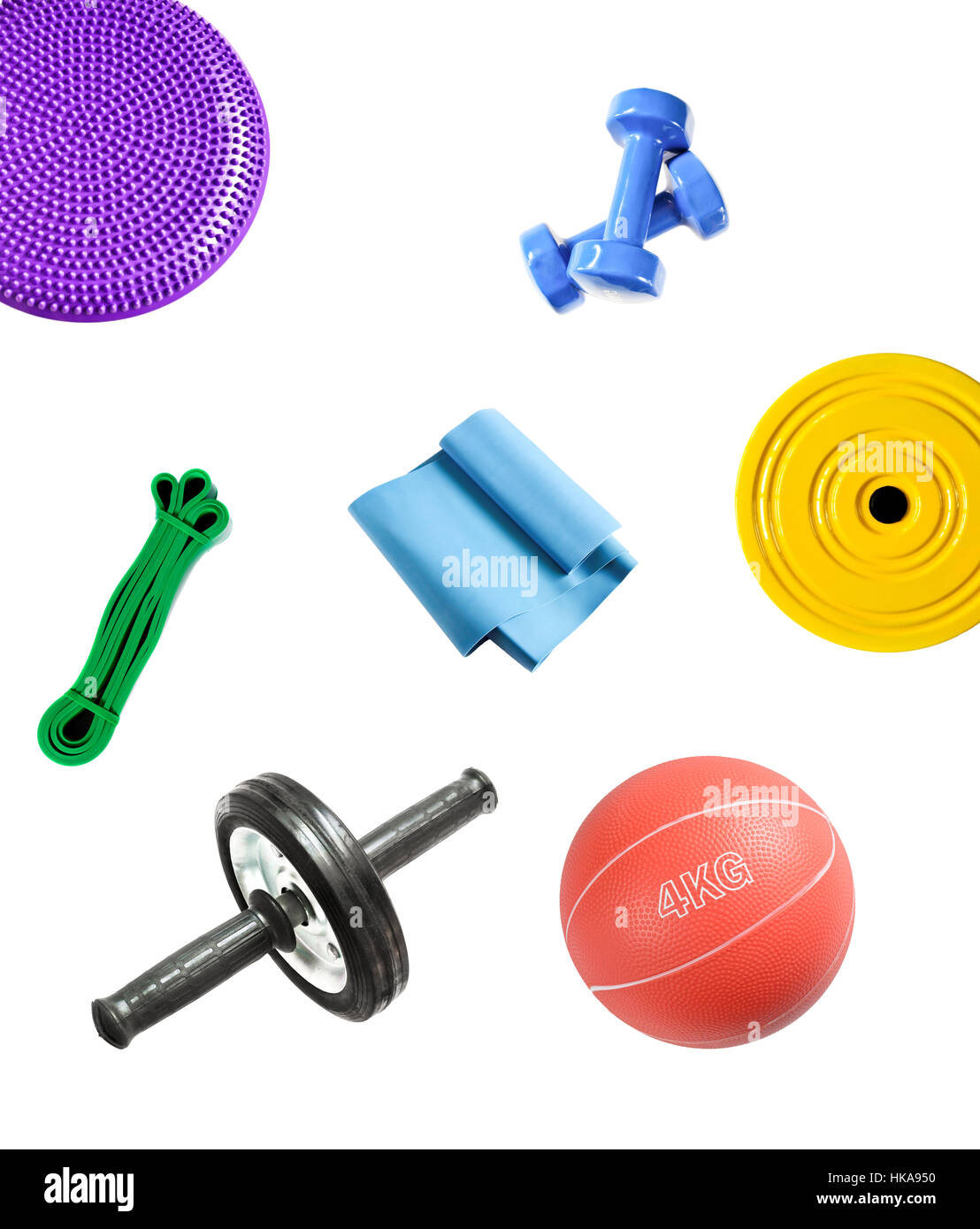 Set of sport accessories for fitness, bodybuilding and rehabilitation isolated on white background. Concept of weight loss and healthy lifestyle Stock Photo