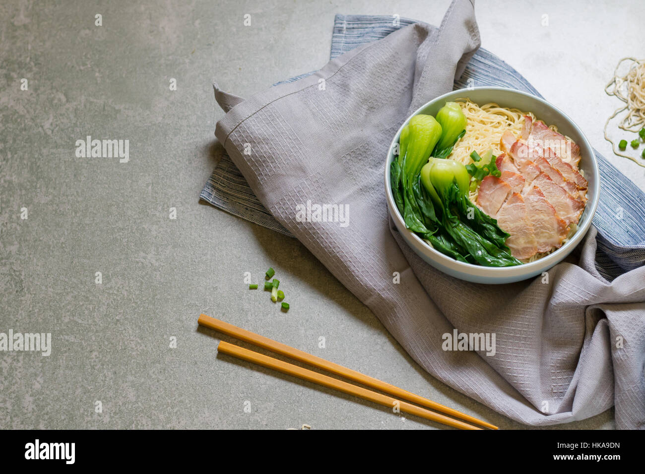 Delicious Egg Noodle With Red Pork And Vegetable In Bowl