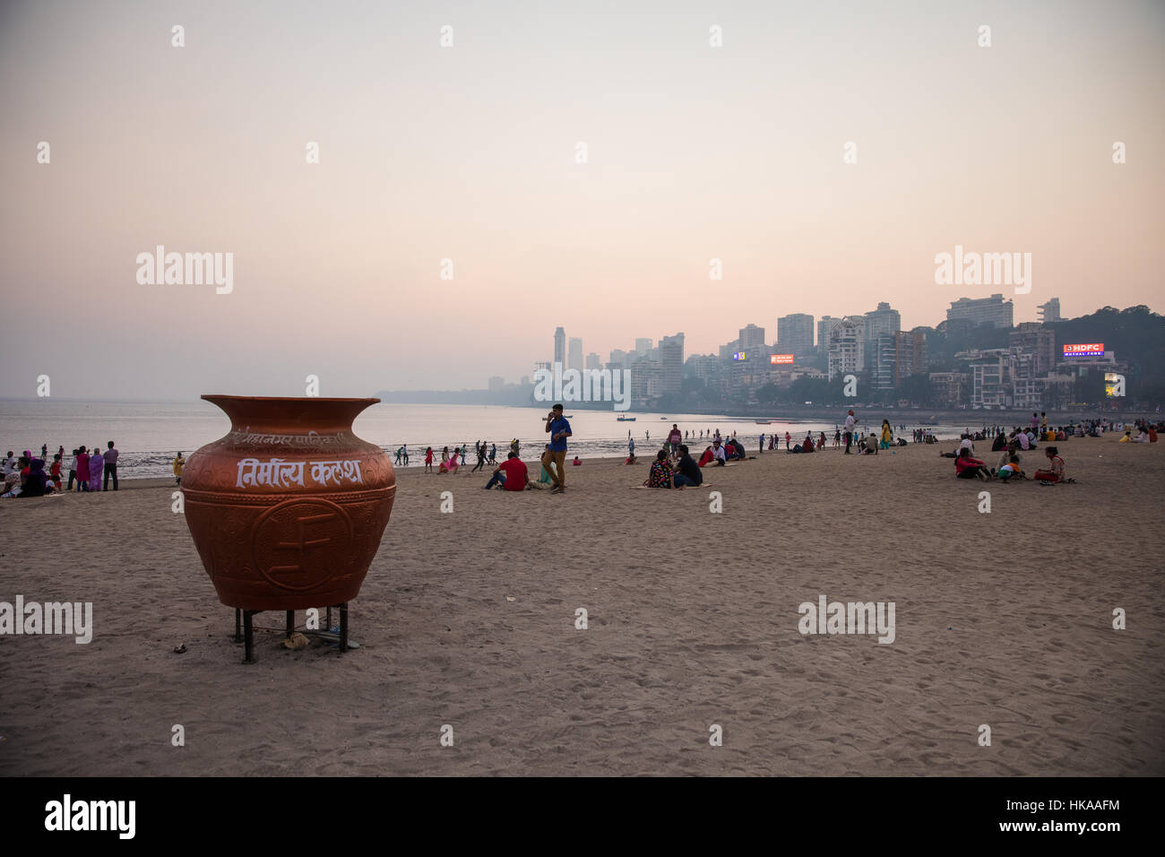 Sunset on Chowpatty Beach, Mumbai (Bombay), India. Stock Photo