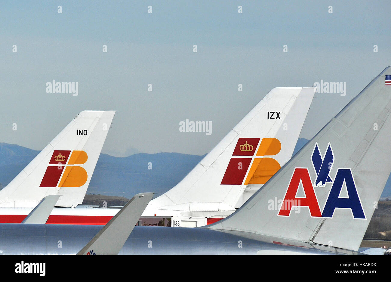 planes operated by Iberia and American Airlines  Madrid Barajas international airport Spain Stock Photo