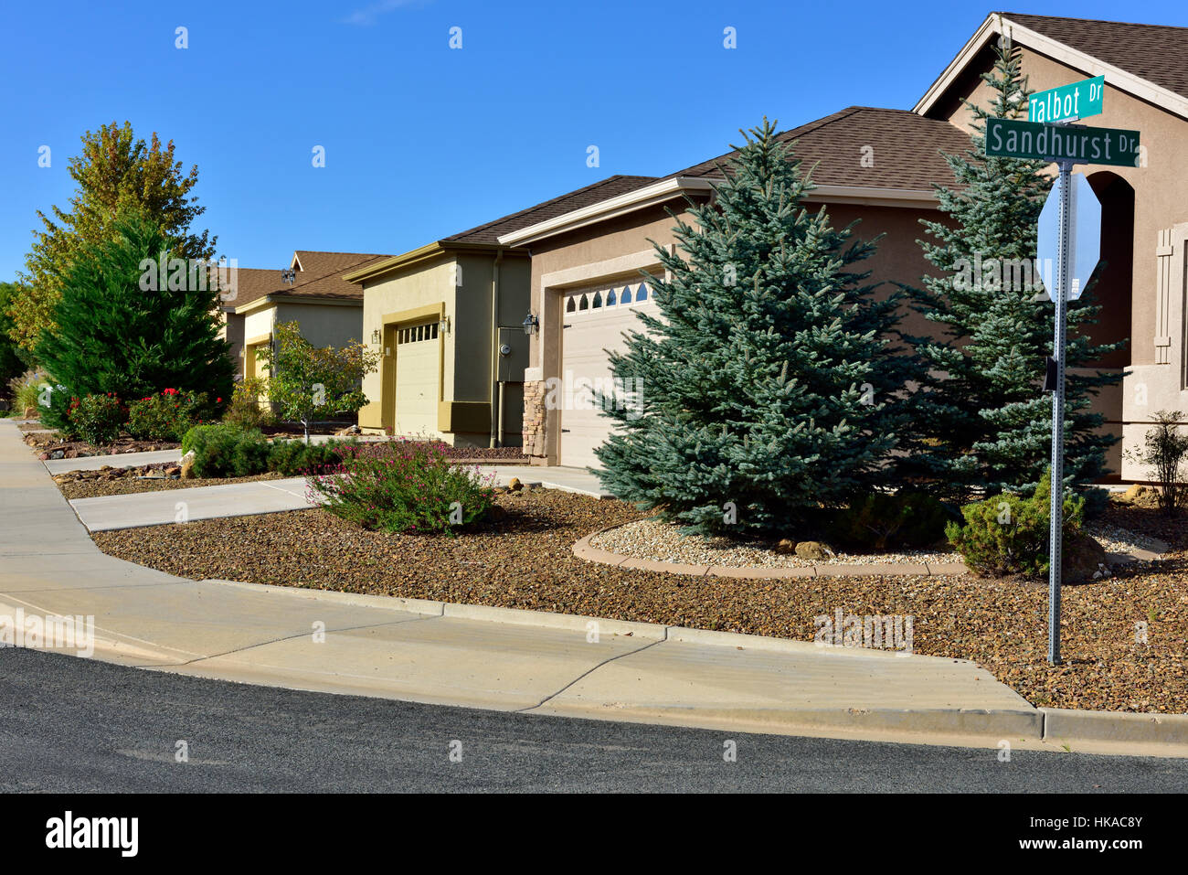 House suburban garden landscaping in dry climate of Yavapai county, Arizona, USA Stock Photo