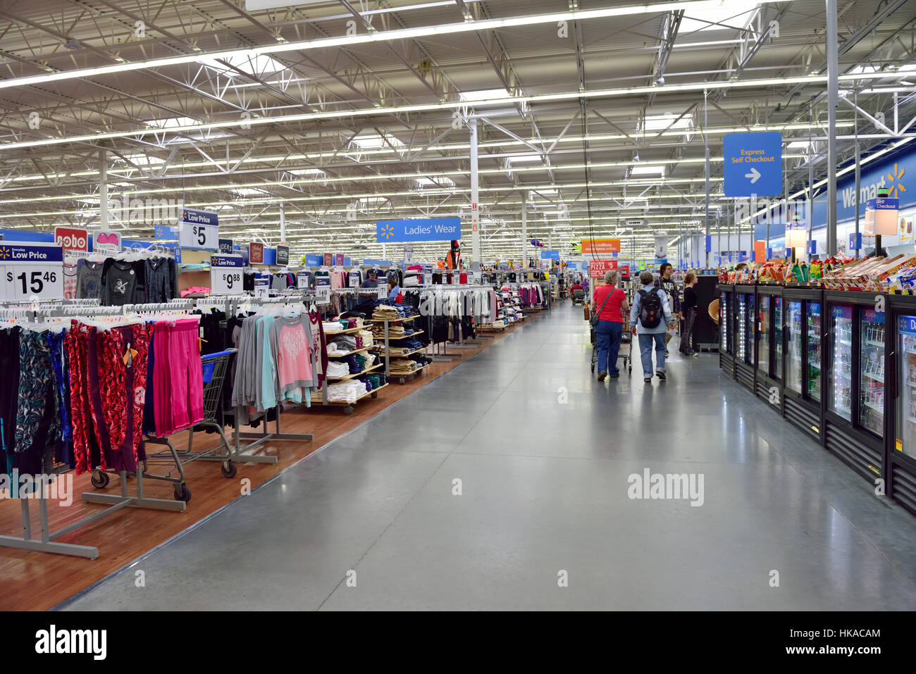 Inside Wallmart superstore with long aisle, Arizona, USA Stock Photo