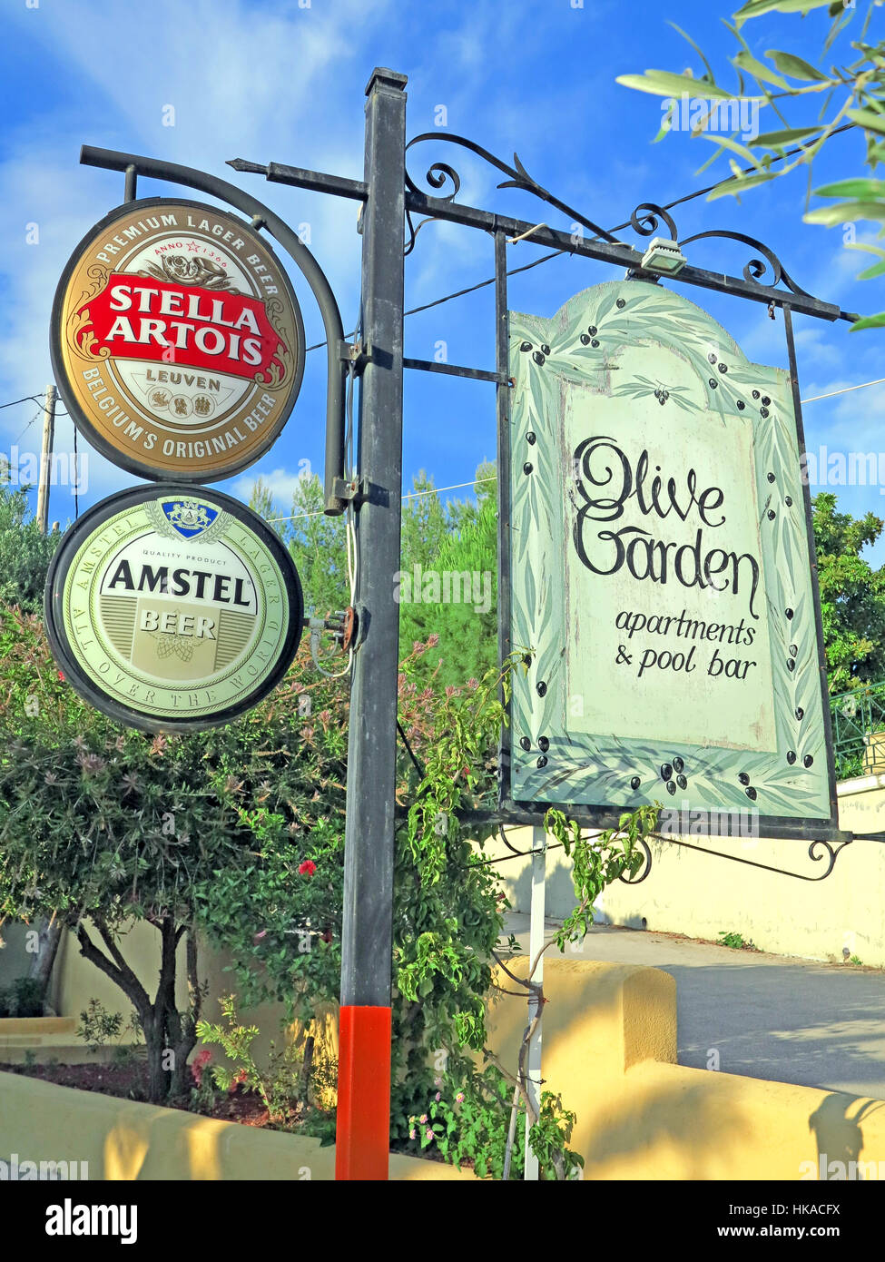 Notices advertising Olive Garden Restaurant in Lassi Kefalonia Greece. Stock Photo