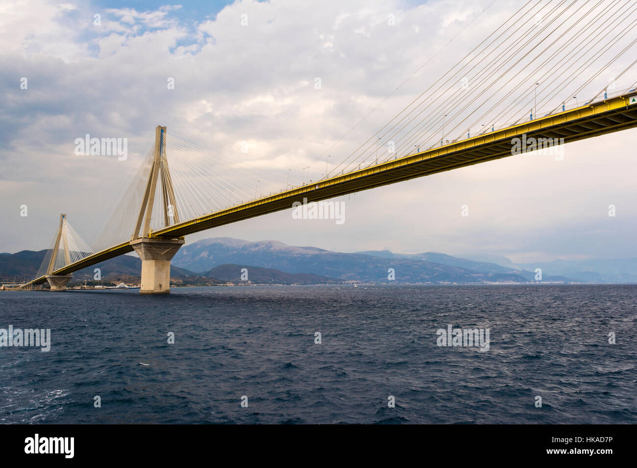 Cablestayed suspension bridge crossing Corinth Gulf strait, Greece. It