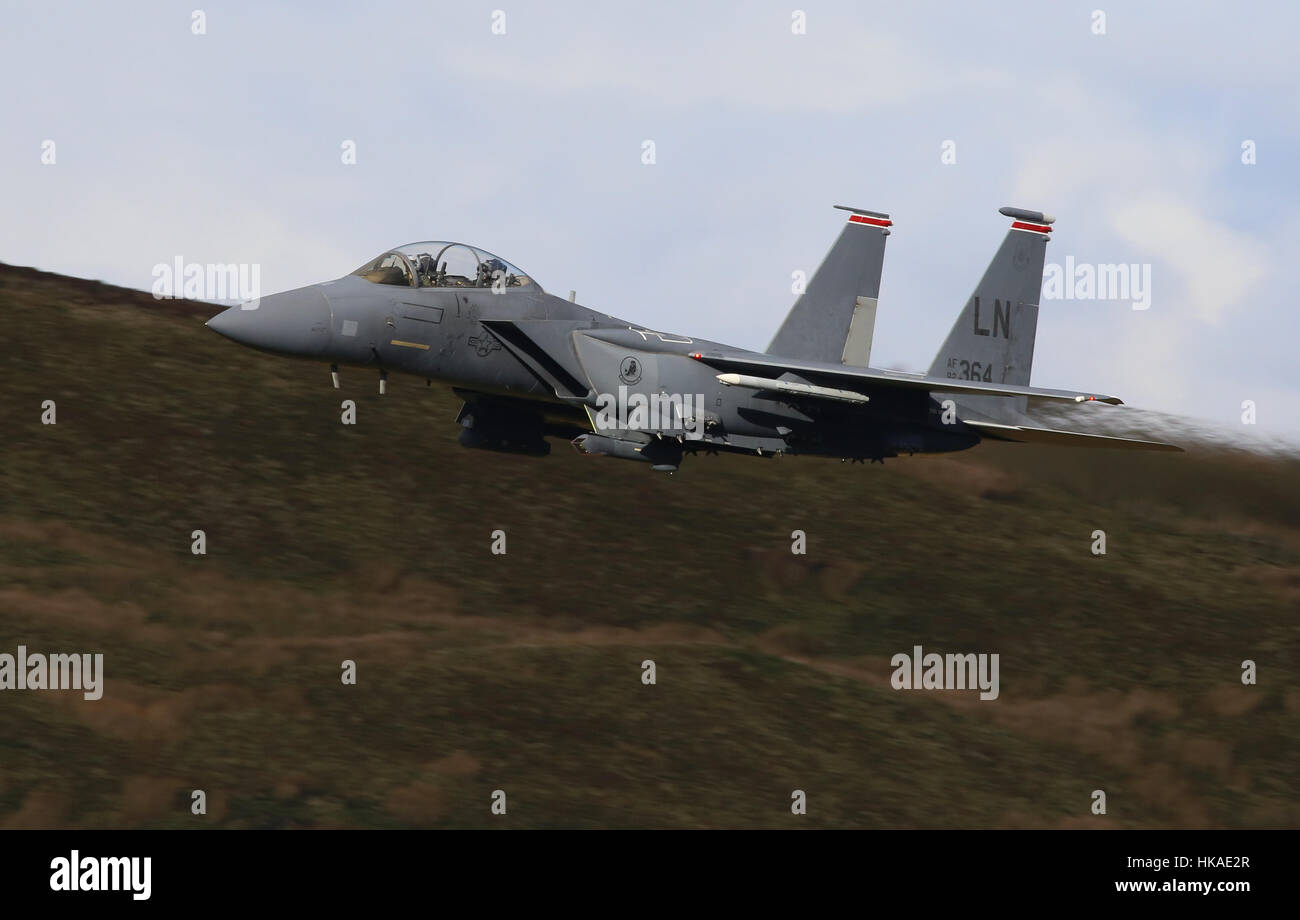 US Air Force F-15E Strike Eagle aircraft, low flying in Wales, UK. Stock Photo