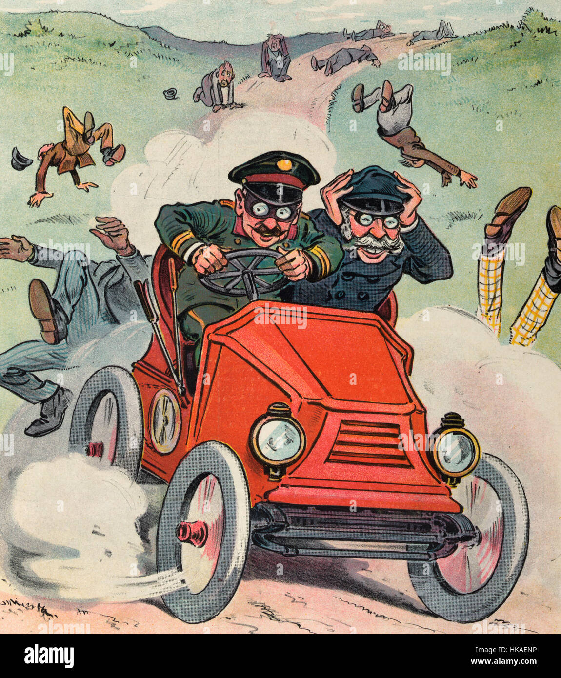 As the law stands -  Illustration shows a wealthy old man as a passenger in an automobile driven by his chauffeur, they are racing through the countryside during a cross-country auto race and have struck several pedestrians who are not used to encountering automobiles on country roads. Political Cartoon, 1902 Stock Photo