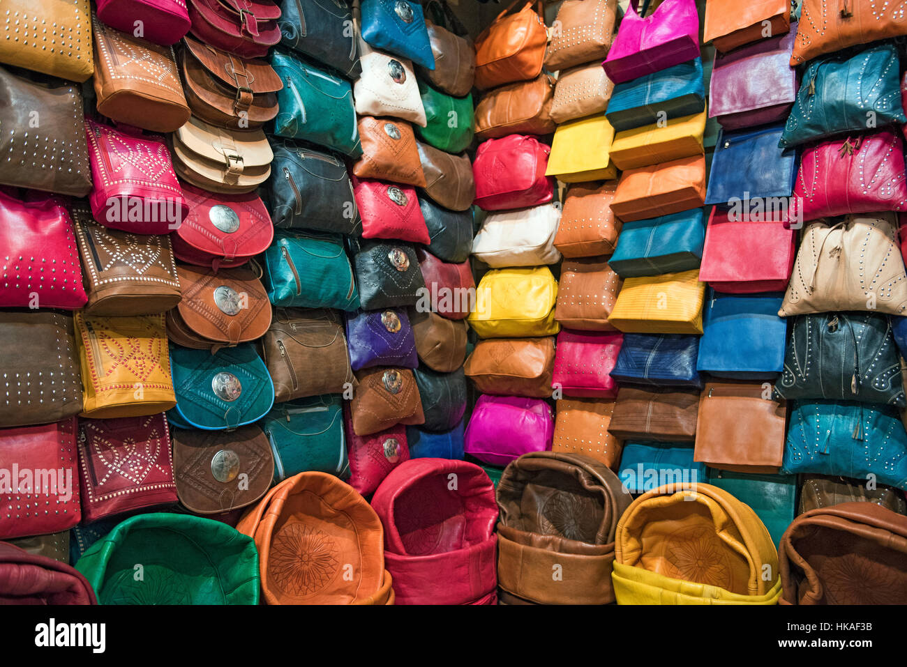 Colorful leather bag display in Fes, Morocco Stock Photo