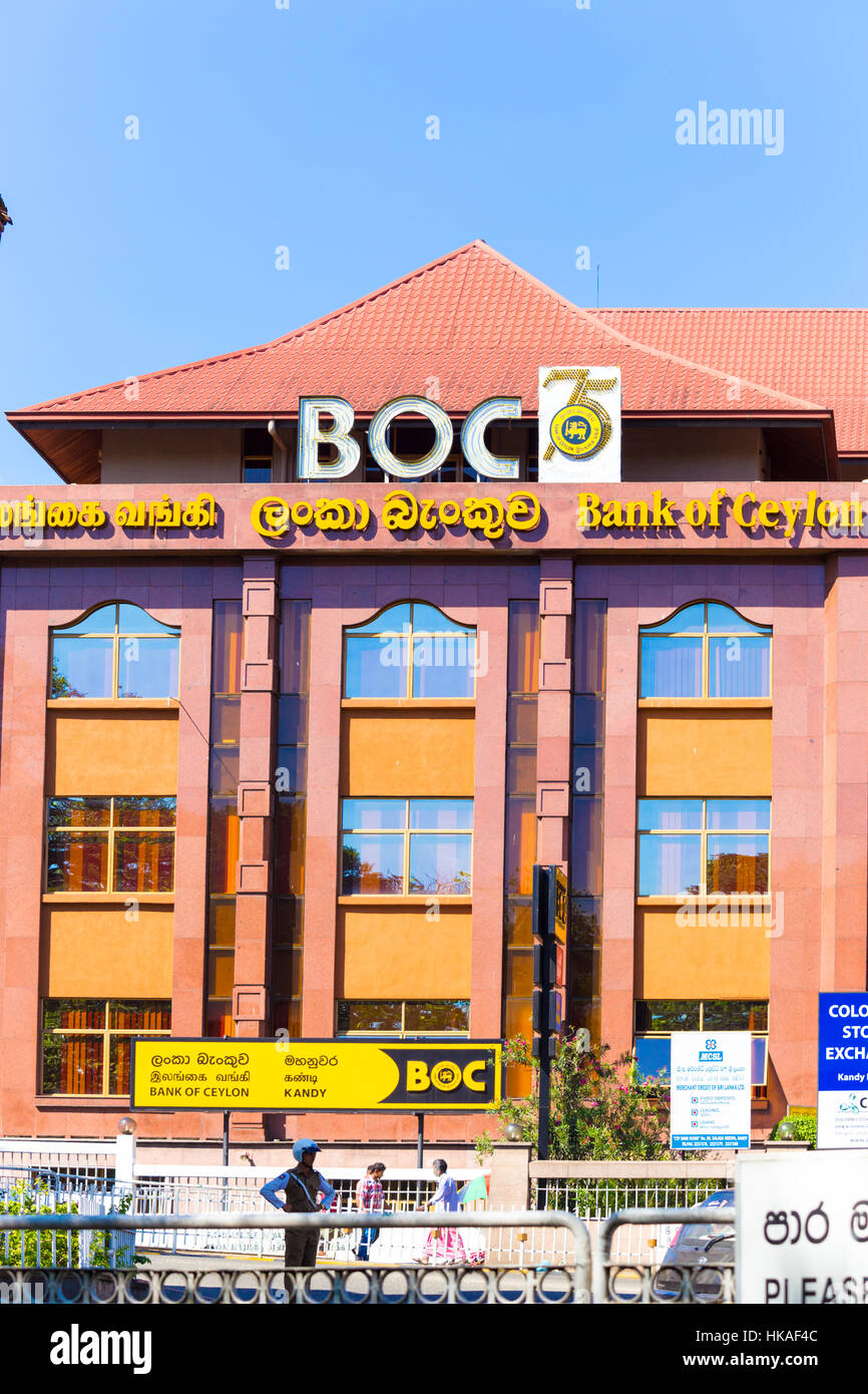 The main BOC or Bank of Ceylon building front facade with signs in Tamil, Sinhalese and English languages stands at downtown cit Stock Photo