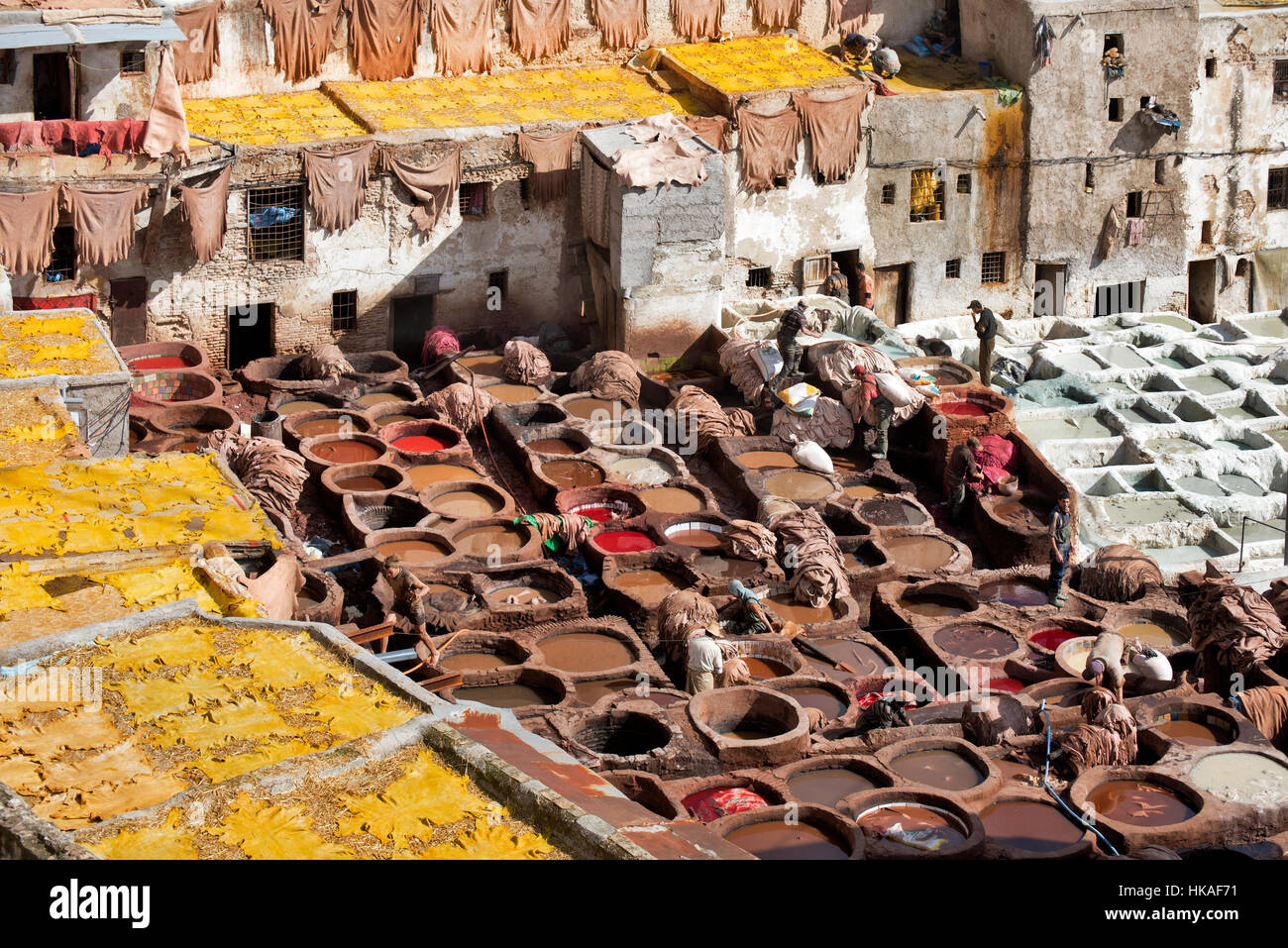 Leather tanning in the Tannera's Quarters in Fes Morocco Stock Photo