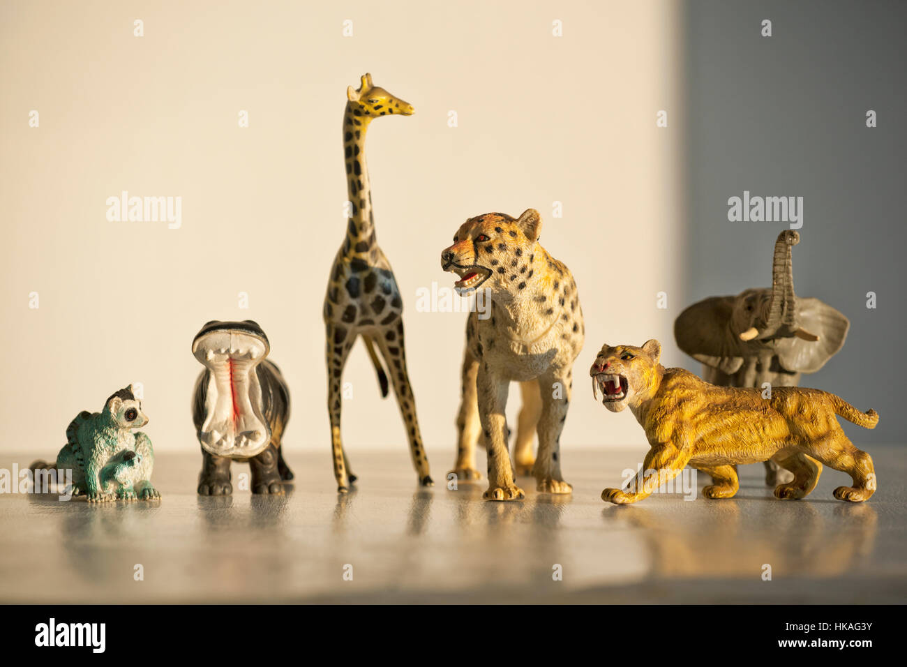 Assorted model animals on a table Stock Photo