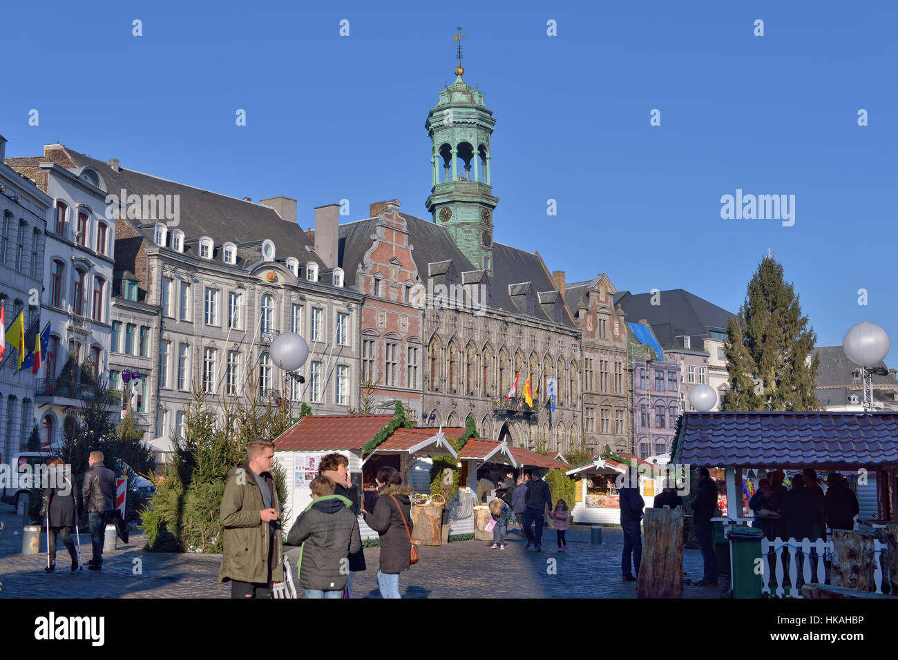 Street decorated for Christmas and New Year celebrations in historical center of Mons, Belgium, on December 29, 2016 Stock Photo