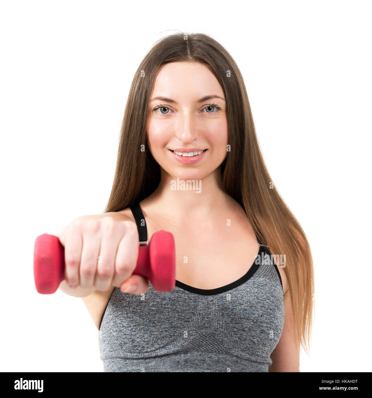Portrait of a beautiful sports young woman on a white background Stock ...