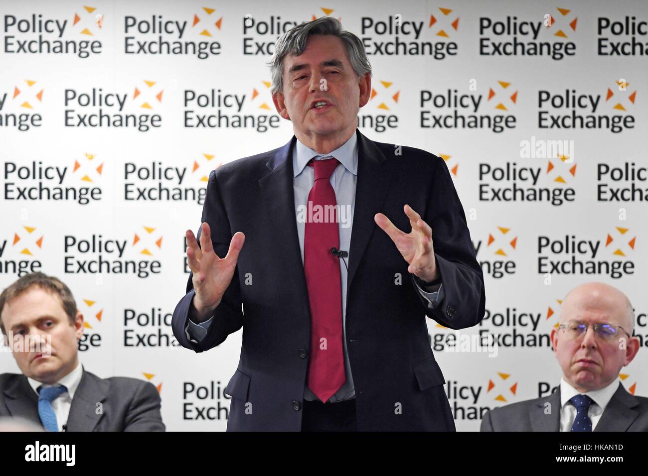 Former Prime Minister Gordon Brown speaks at the launch of a new bipartisan report titled The Cost of Doing Nothing, co-authored by the late Jo Cox MP, at the Policy Exchange in Westminster, London. Stock Photo
