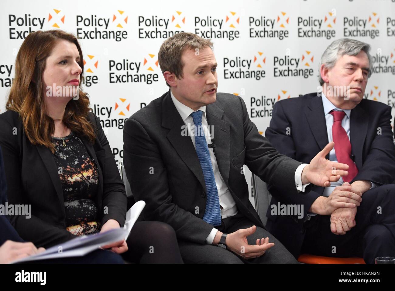 (left to right) Alison McGovern MP, Tom Tugendhat MP and former Prime Minister Gordon Brown at the launch of a new bipartisan report titled The Cost of Doing Nothing, co-authored by the late Jo Cox MP, at the Policy Exchange in Westminster, London. Stock Photo