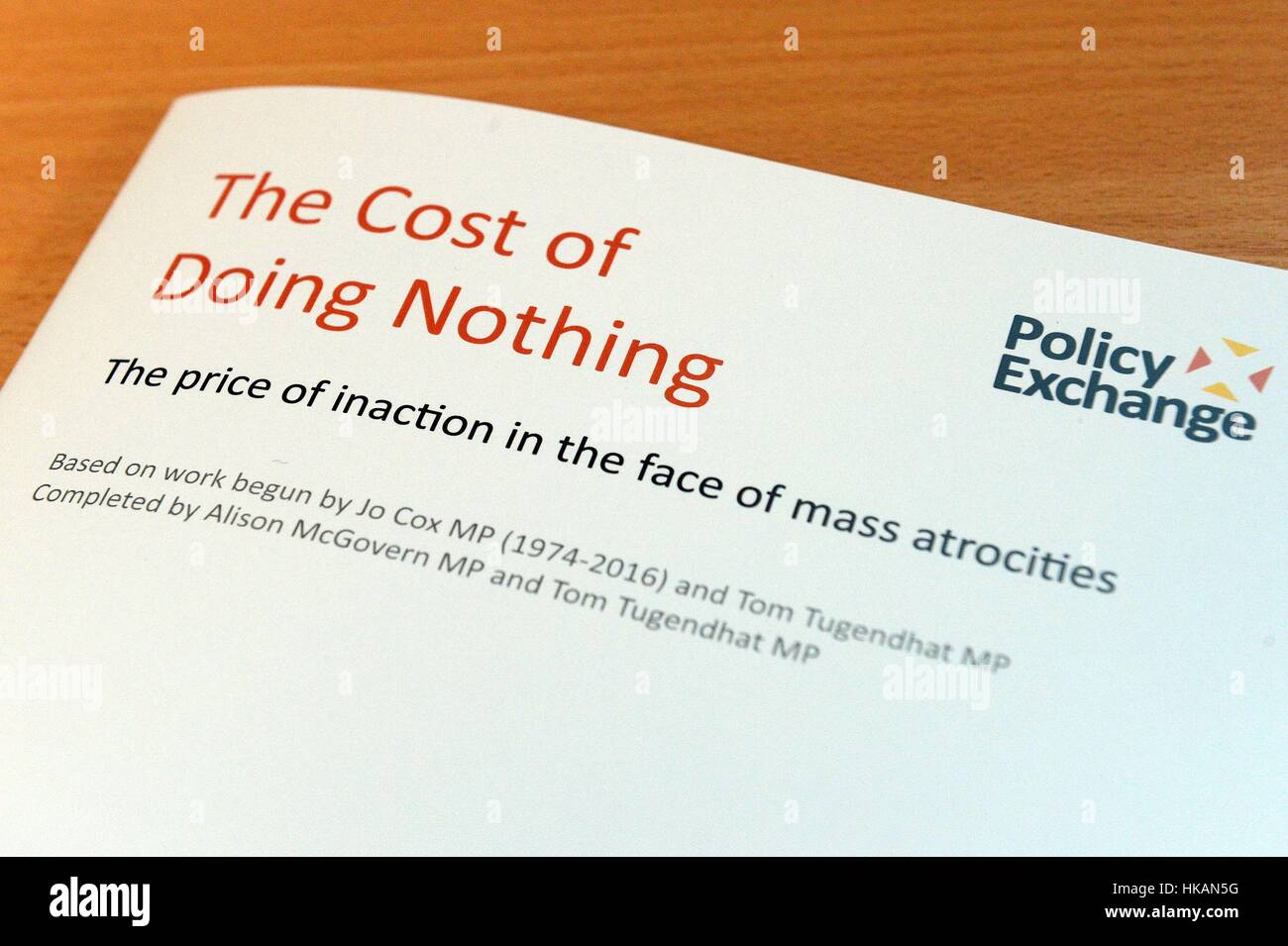 A new bipartisan report titled The Cost of Doing Nothing, co-authored by the late Jo Cox MP, at the Policy Exchange in Westminster, London. Stock Photo