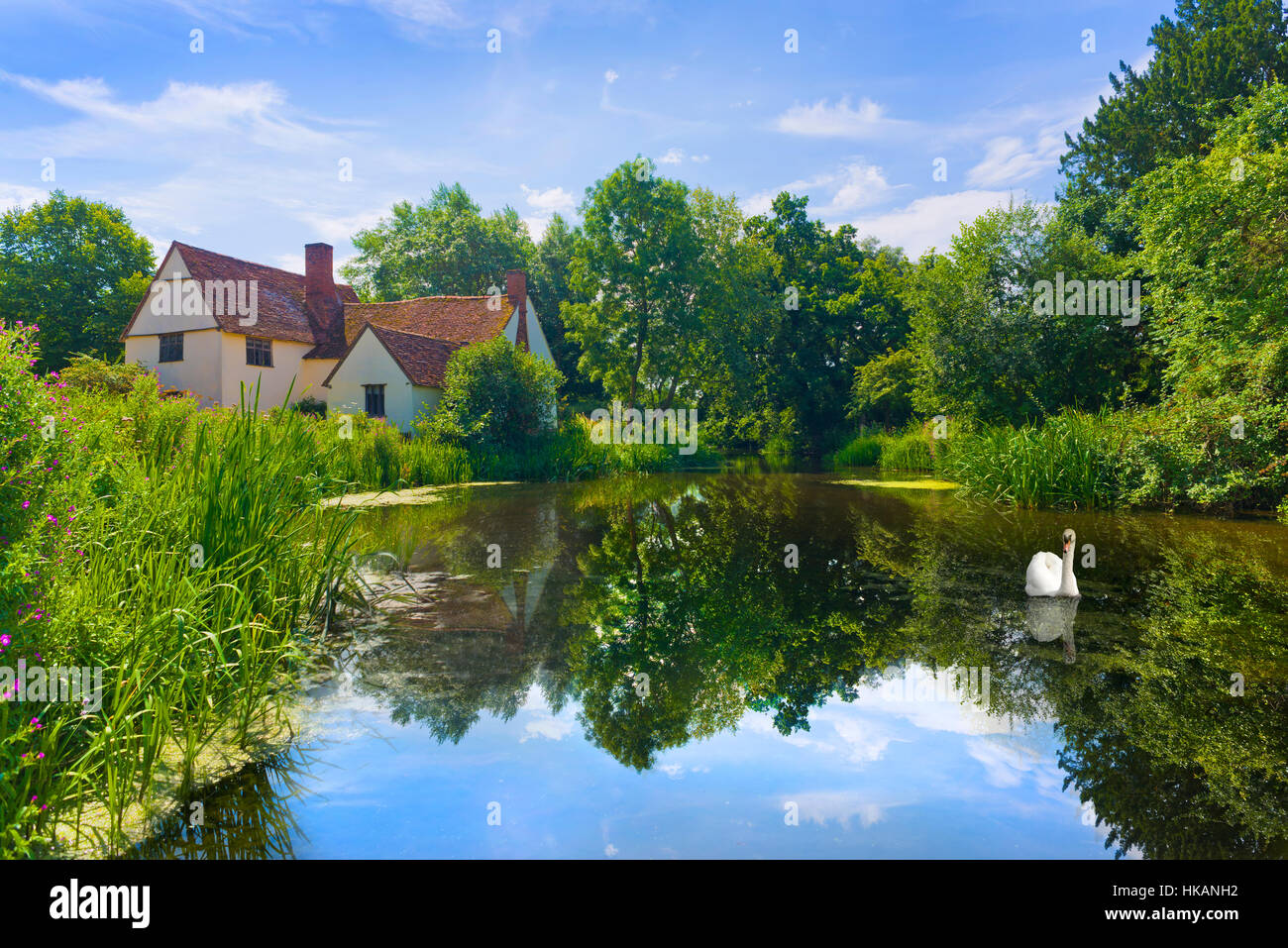 Willy Lott's House, Flatford Mill Suffolk, UK. Taken from exactly the same position as Constable painting The Haywain. Stock Photo