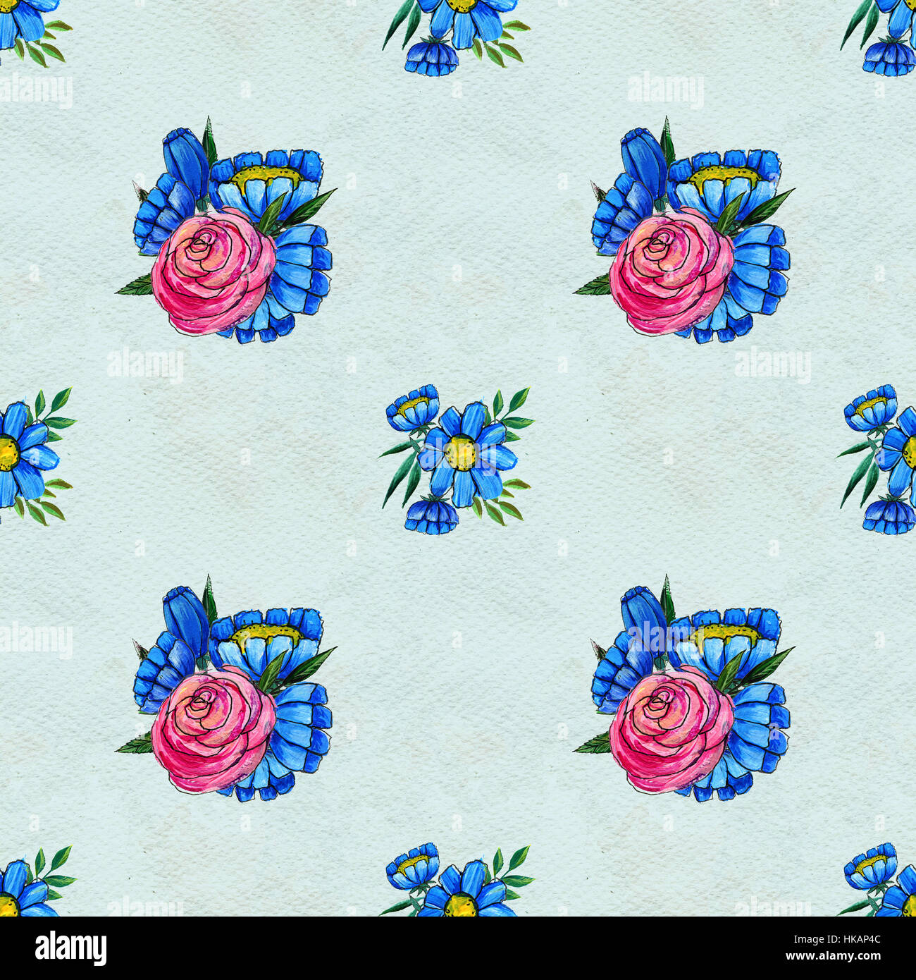 Seamless pattern with blue and pink flowers Stock Photo - Alamy