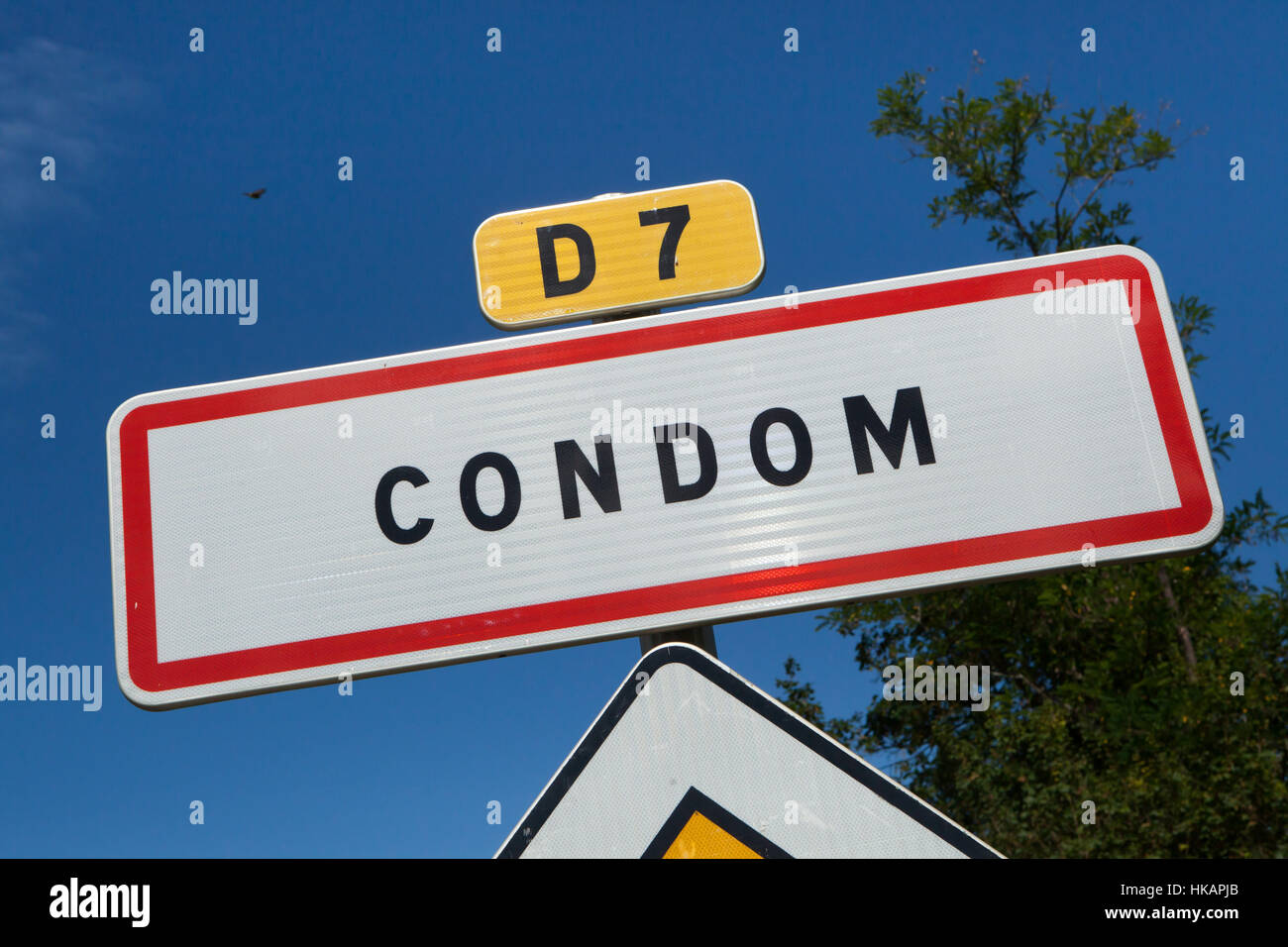 Traffic sign at the entrance to the town of Condom in Gers, France. Stock Photo