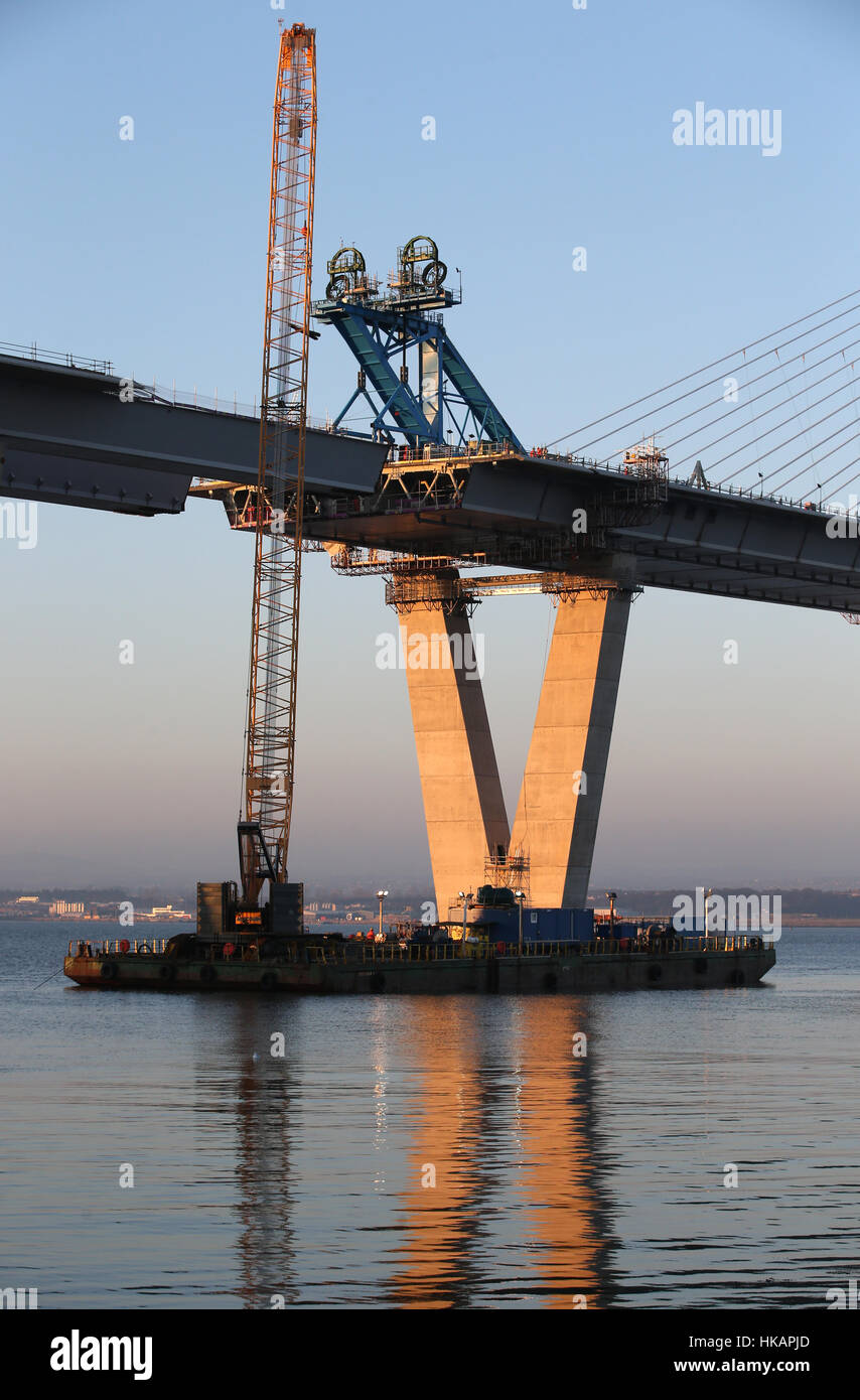 The main structure of the new Queensferry Crossing, over the Firth of Forth, which is due to be completed next week when the final section of the bridge will be lifted into place. Stock Photo