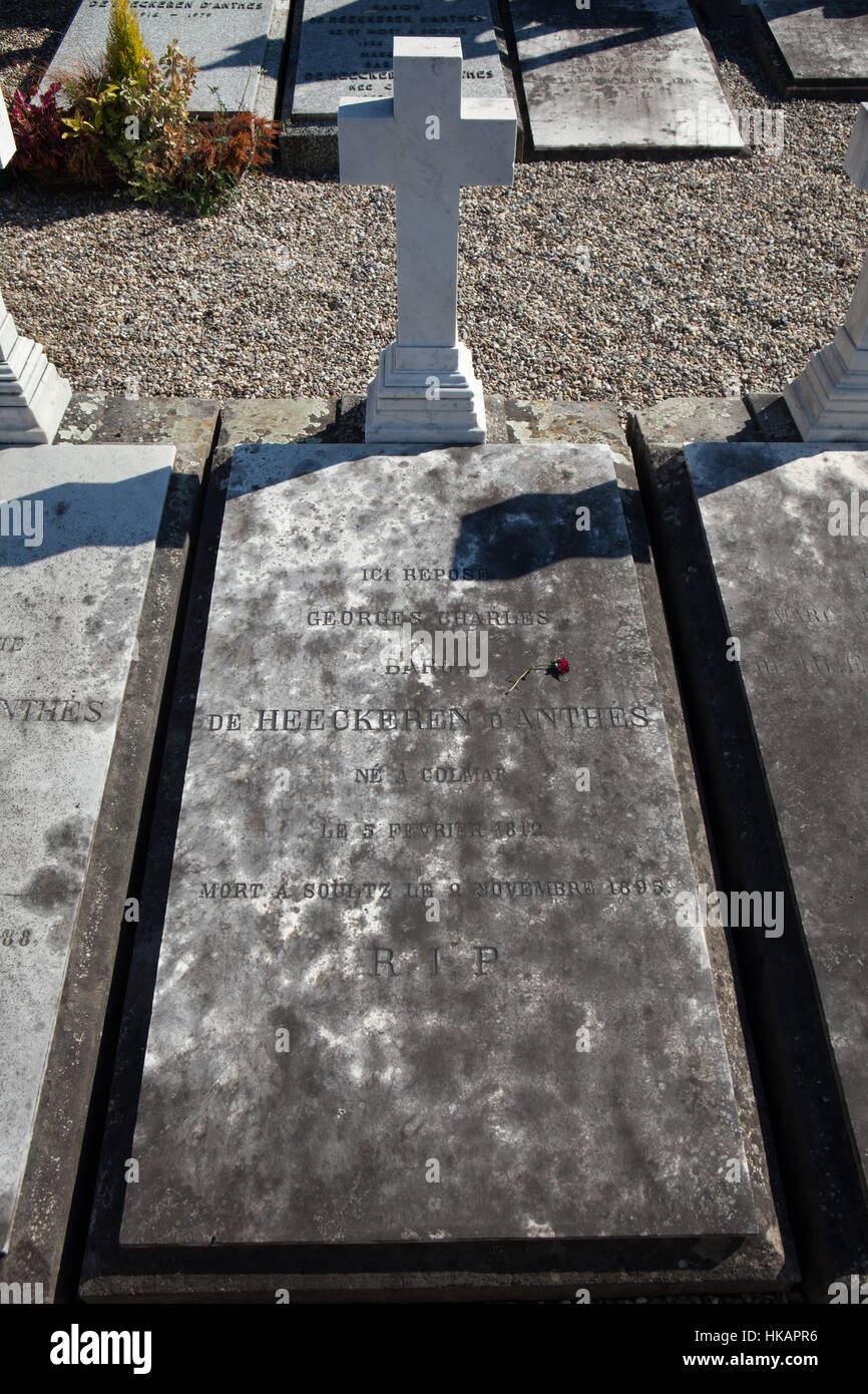 Grave of Baron Georges-Charles de Heeckeren d'Anthes (1812–1895) at the cemetery in Soultz-Haut-Rhin, Alsace, France. Despite his later career Baron d'Anthes is most famous because he killed Russian poet Alexander Pushkin in a duel in 1837. Stock Photo