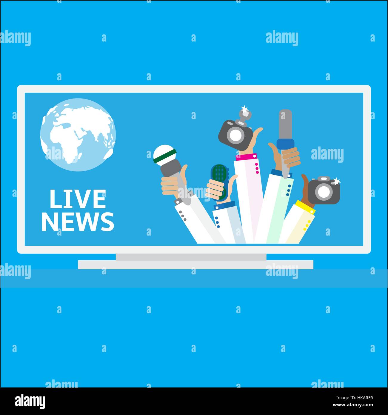 Live Report Live report concept, live news - set of hands holding microphones and ...