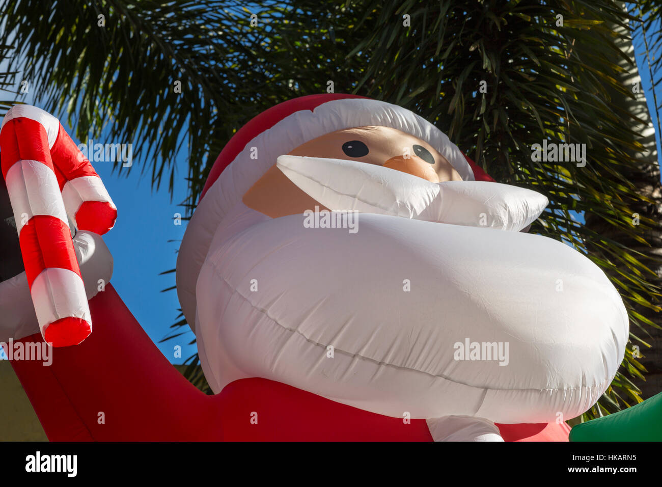 GIANT INFLATABLE SANTA CLAUS IN FRONT OF PALM TREES IN RESIDENTIAL