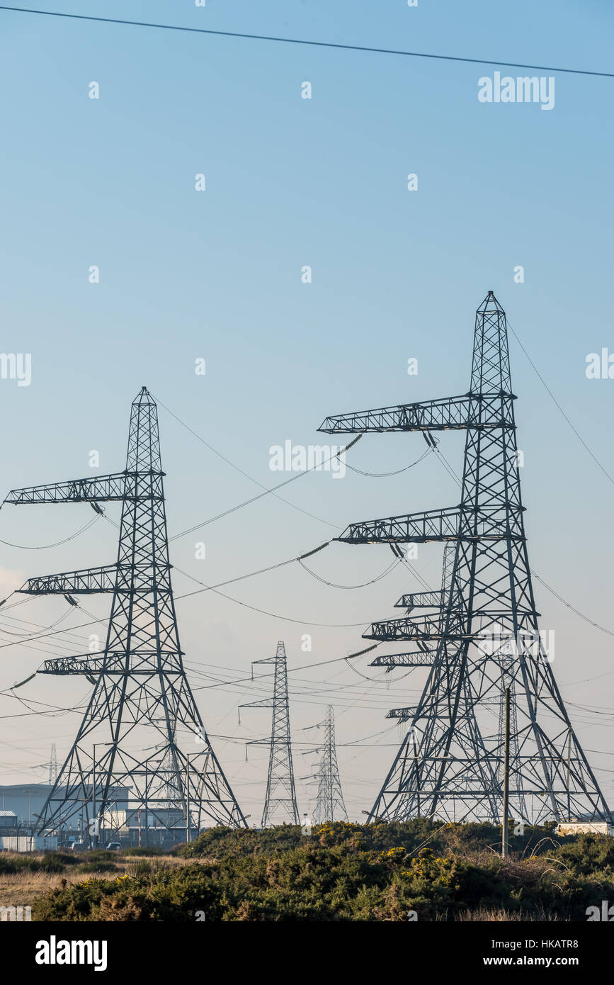 Electrical pylons at the Dungeness Power Station in Kent Stock Photo