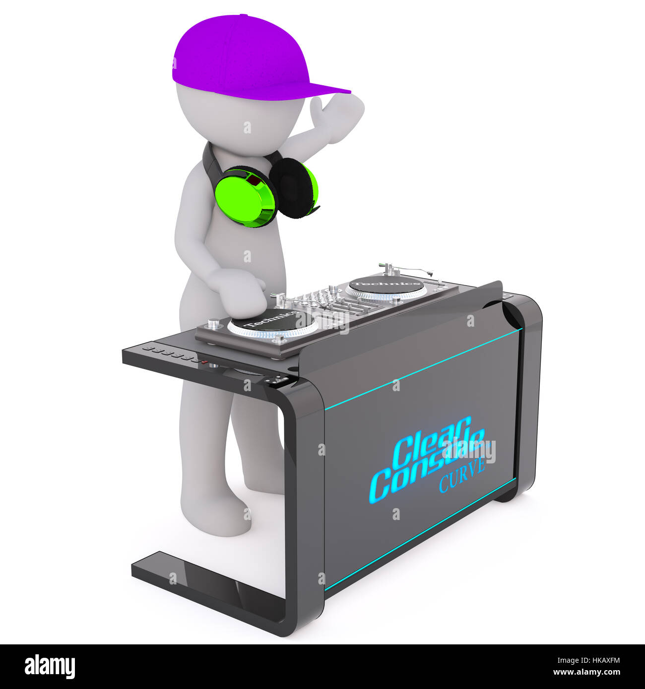 Gray Cartoon Figure Wearing Purple Cap and Headphones Standing with Hand Up in Air Behind DJ Turn Tables Spinning Records in front of White Background Stock Photo