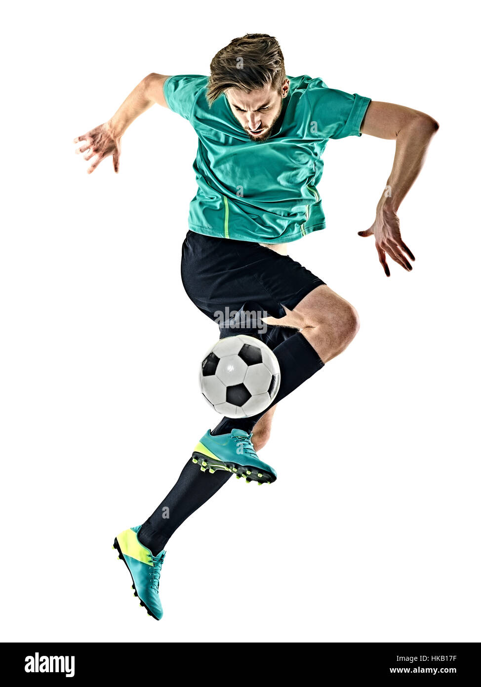 one caucasian soccer player man jungling isolated on white background ...