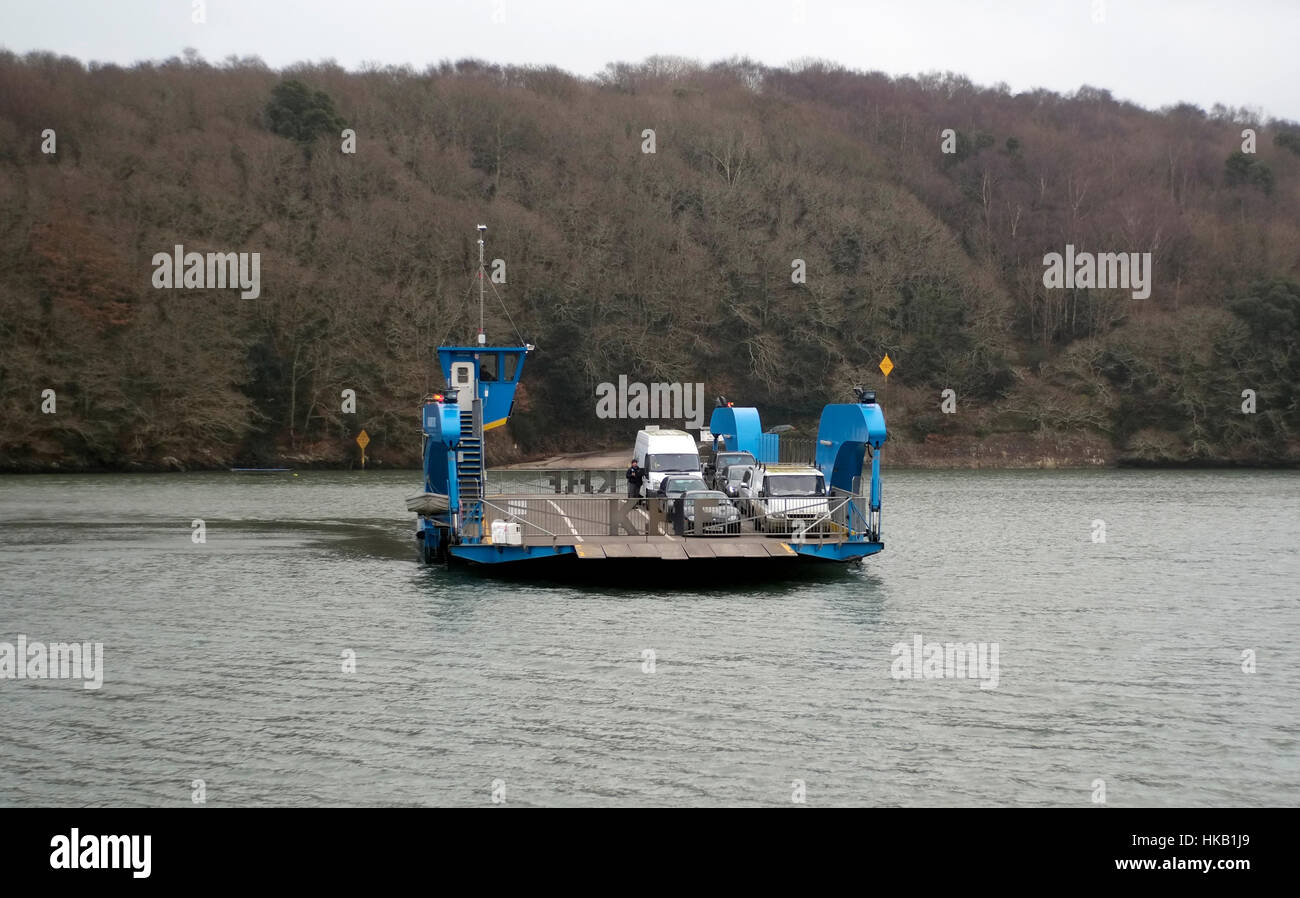 The King Harry Ferry car ferry crosses the Fal River, in Cornwall, Britain January 26, 2017. © John Voos Stock Photo
