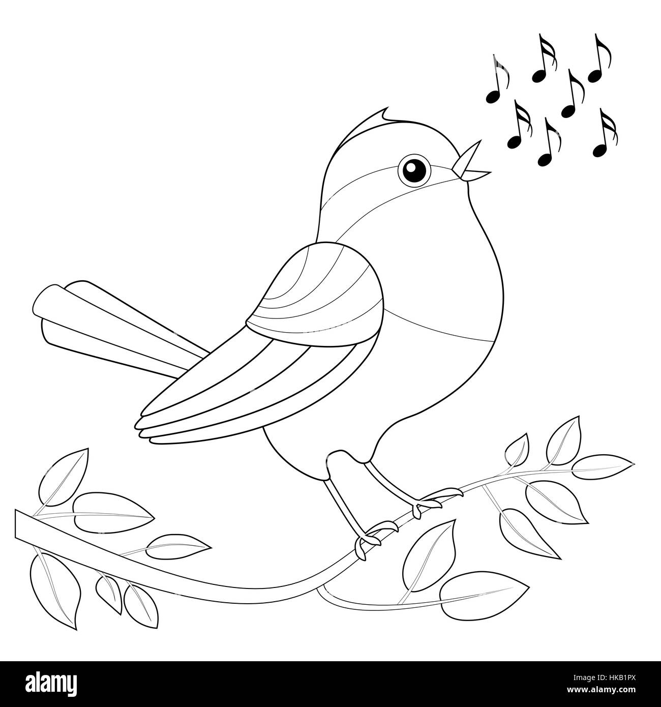 Songbird coloring picture - singing bird with notes waiting to be colored. Stock Photo
