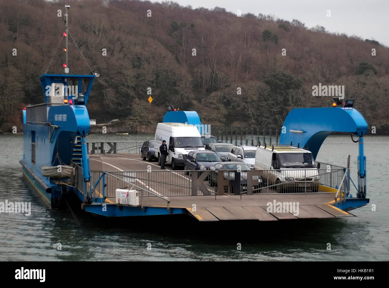 The King Harry Ferry car ferry crosses the Fal River, in Cornwall, Britain January 26, 2017. © John Voos Stock Photo