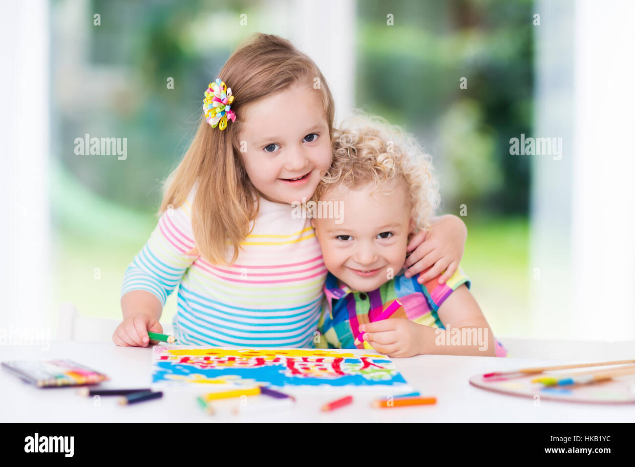 Little Boy And Girl Draw Together In White Room With Window Kids Doing Homework Painting And Drawing Children Paint Stock Photo Alamy